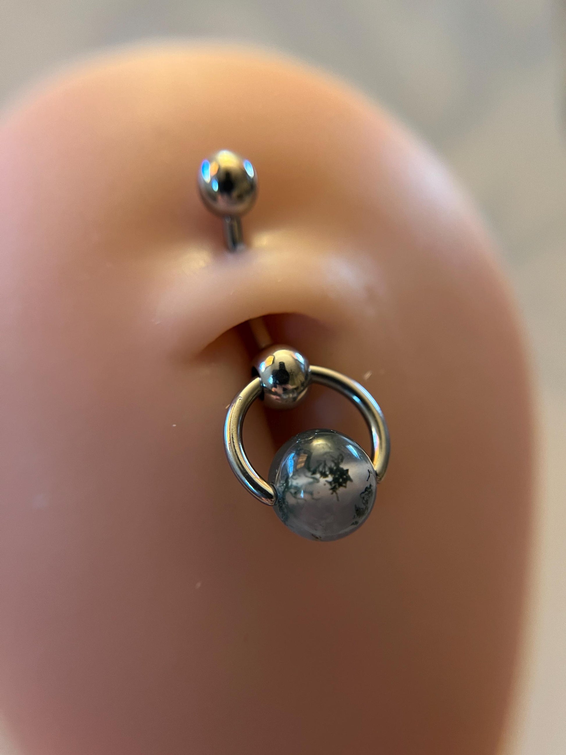 Natural Moss Agate Heavy Stone Slave Knocker Floating Belly Navel VCH Christina Barbell 14G (1.6mm) Piercing Surgical Steel Ring Large Size
