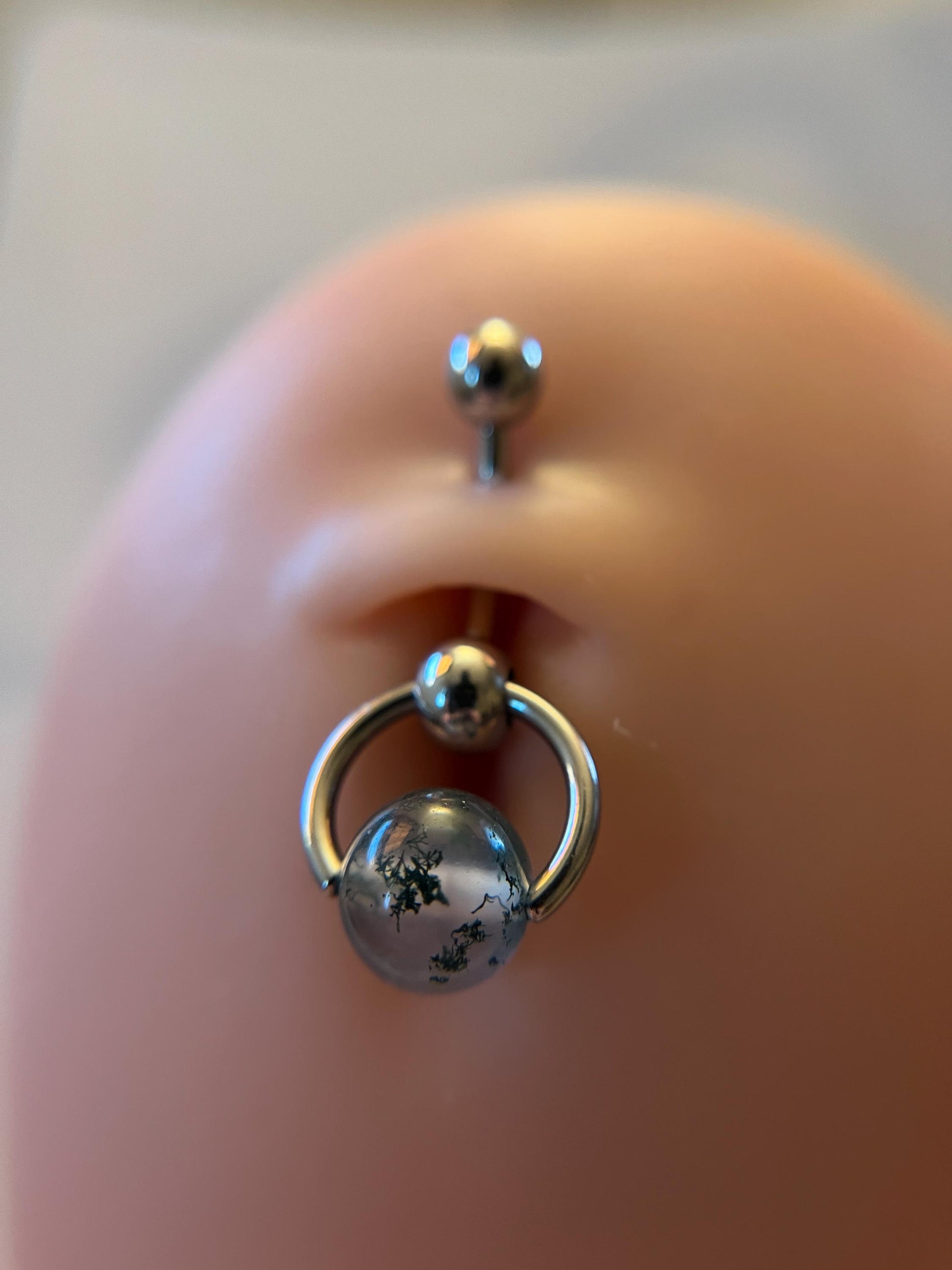 Natural Moss Agate Heavy Stone Slave Knocker Floating Belly Navel VCH Christina Barbell 14G (1.6mm) Piercing Surgical Steel Ring Large Size
