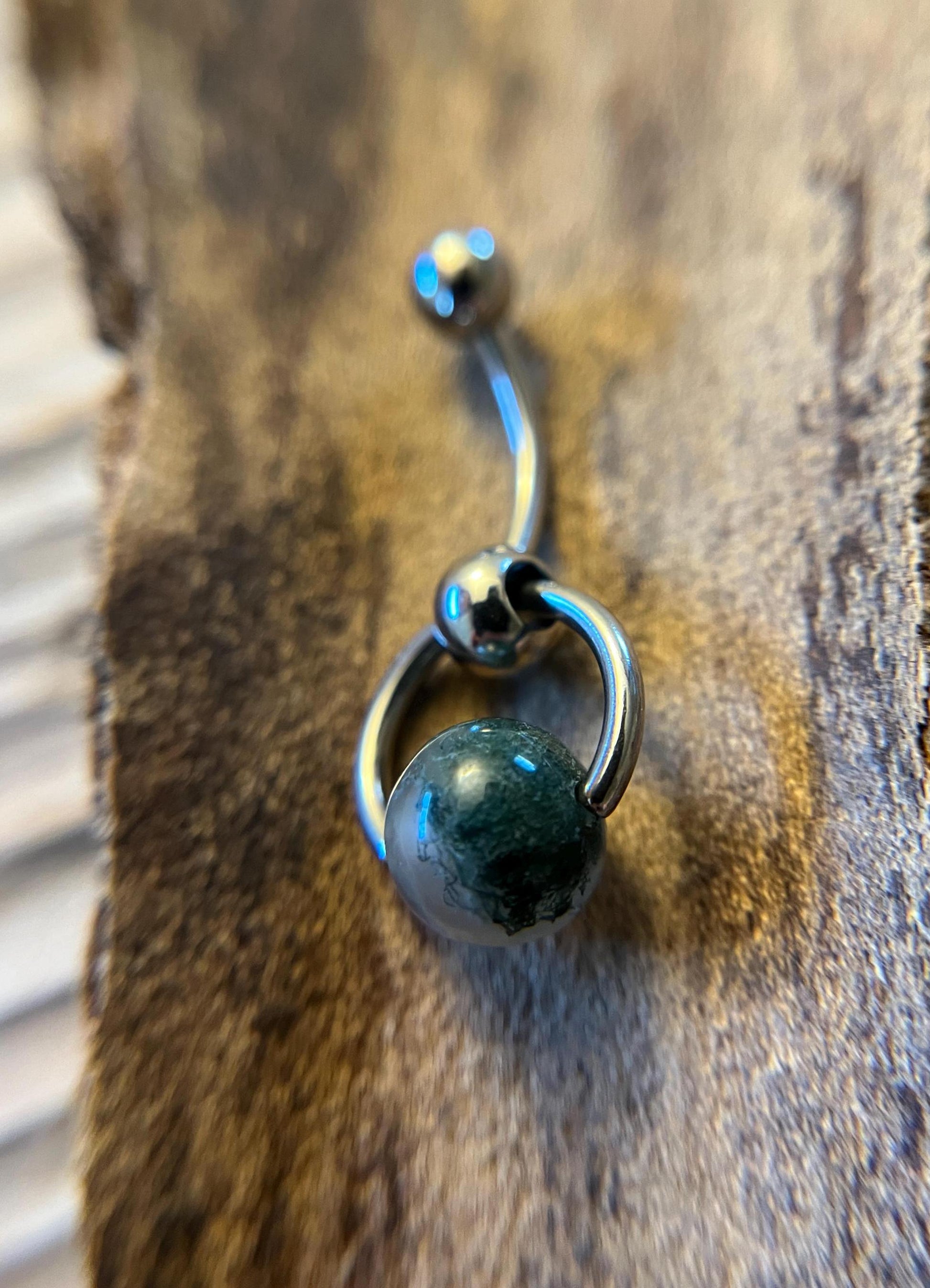 Natural Moss Agate Heavy Stone Slave Knocker Floating Belly Navel VCH Christina Barbell 14G (1.6mm) Piercing Surgical Steel Ring Large Size