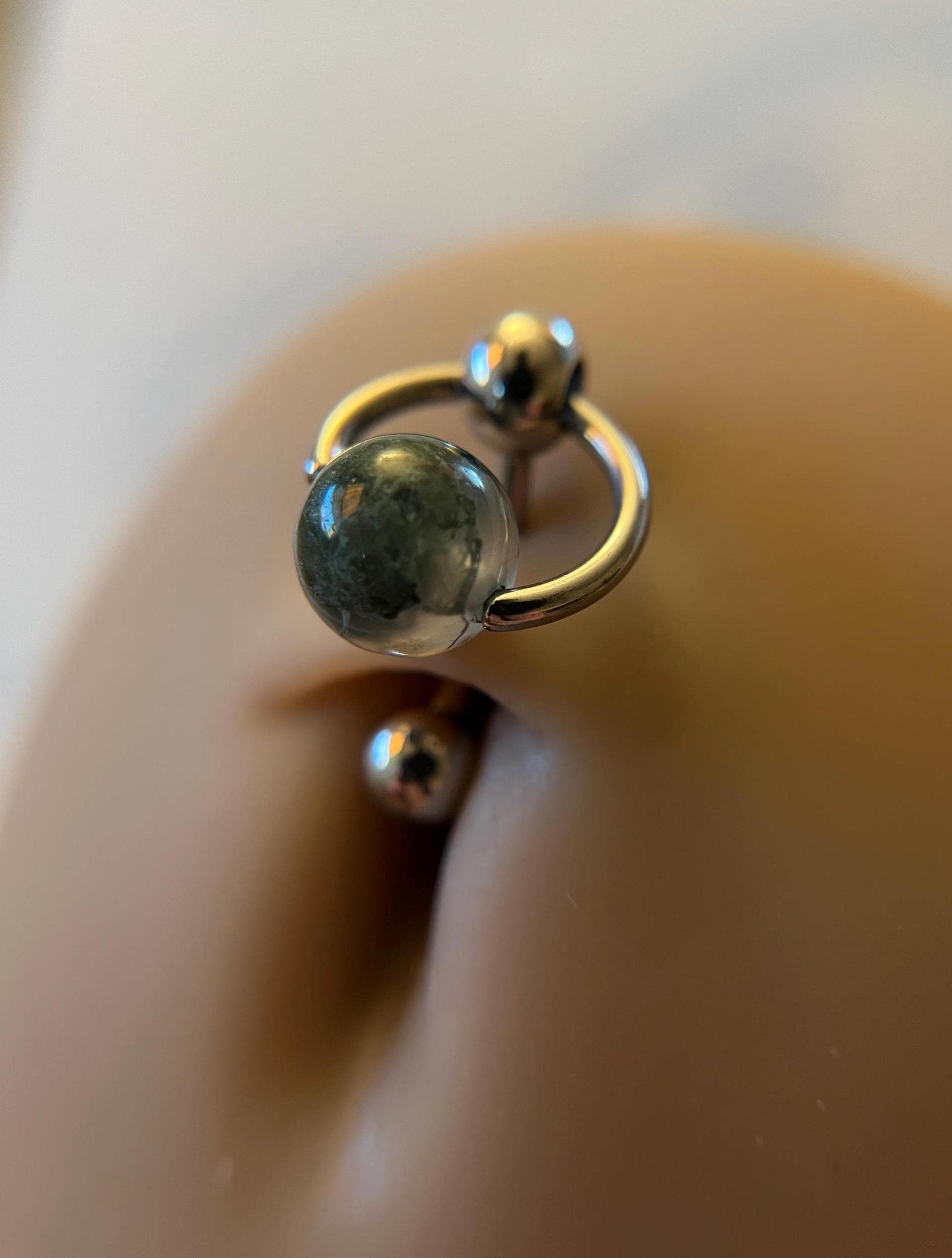 Natural Moss Agate Heavy Stone Slave Knocker Floating Belly Navel VCH Christina Barbell 14G (1.6mm) Piercing Surgical Steel Ring Large Size