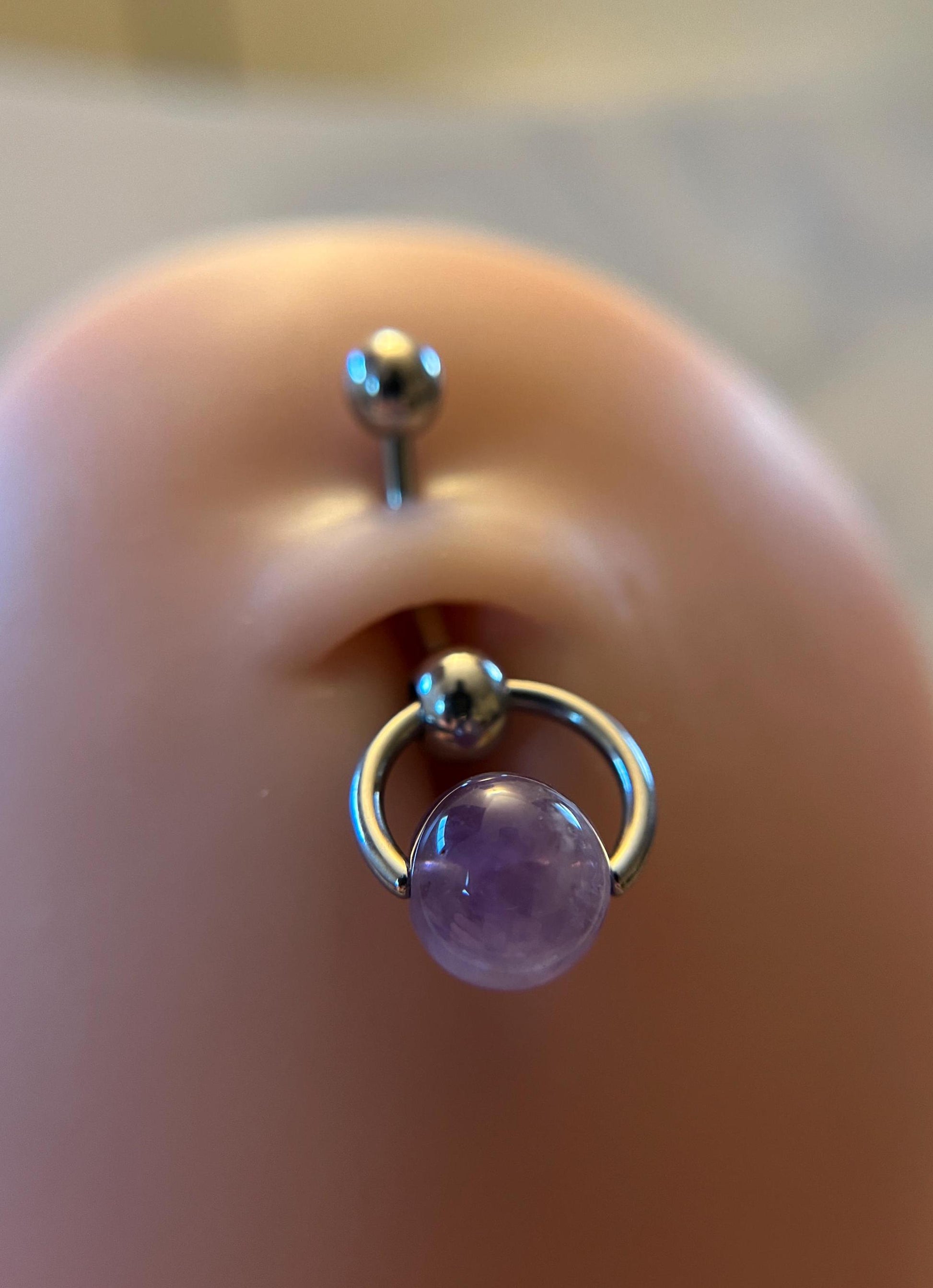 Natural Purple Amethyst Heavy Stone Slave Knocker Floating Belly Navel VCH Christina Barbell 14G (1.6mm) Piercing Steel Ring Large Size