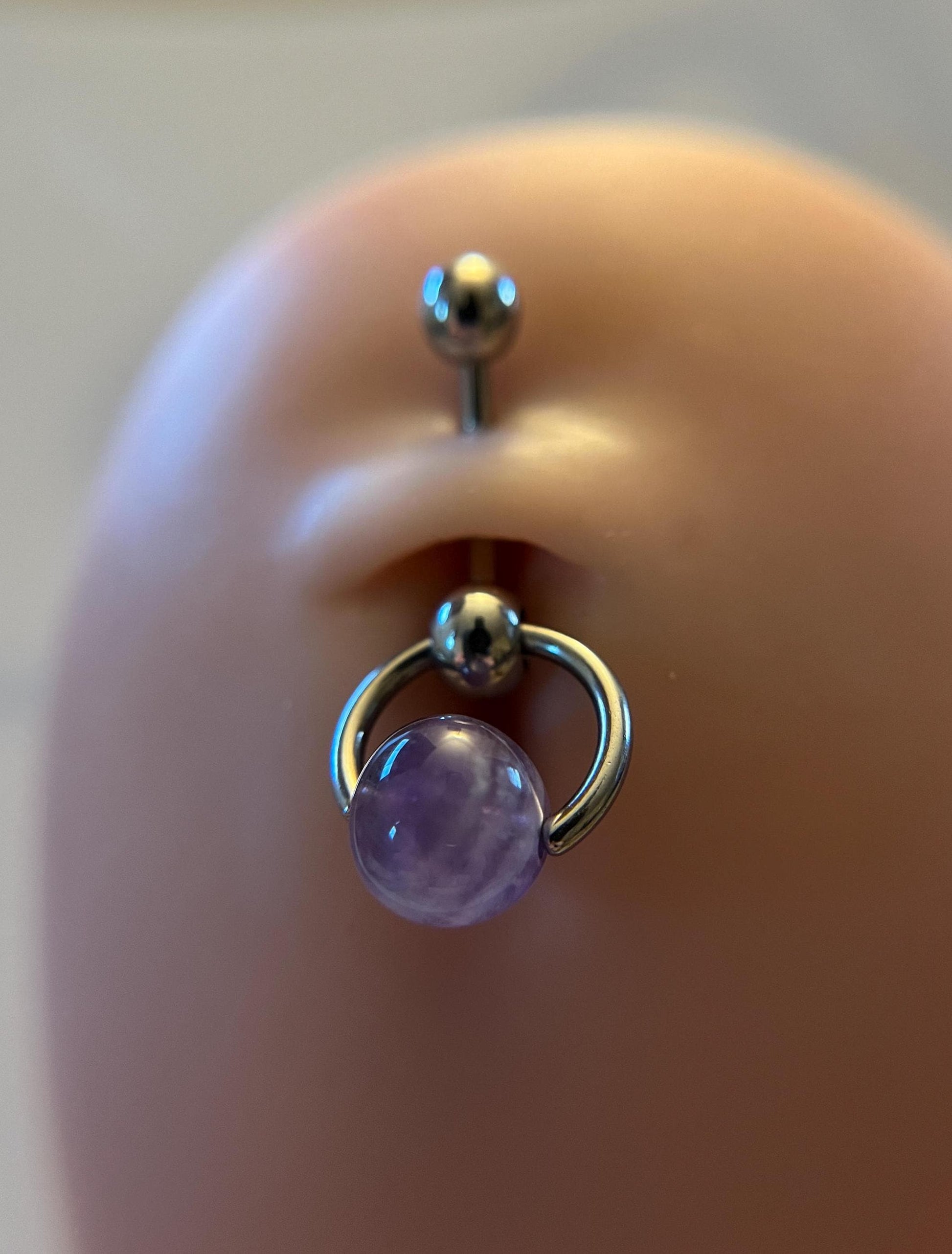 Natural Purple Amethyst Heavy Stone Slave Knocker Floating Belly Navel VCH Christina Barbell 14G (1.6mm) Piercing Steel Ring Large Size