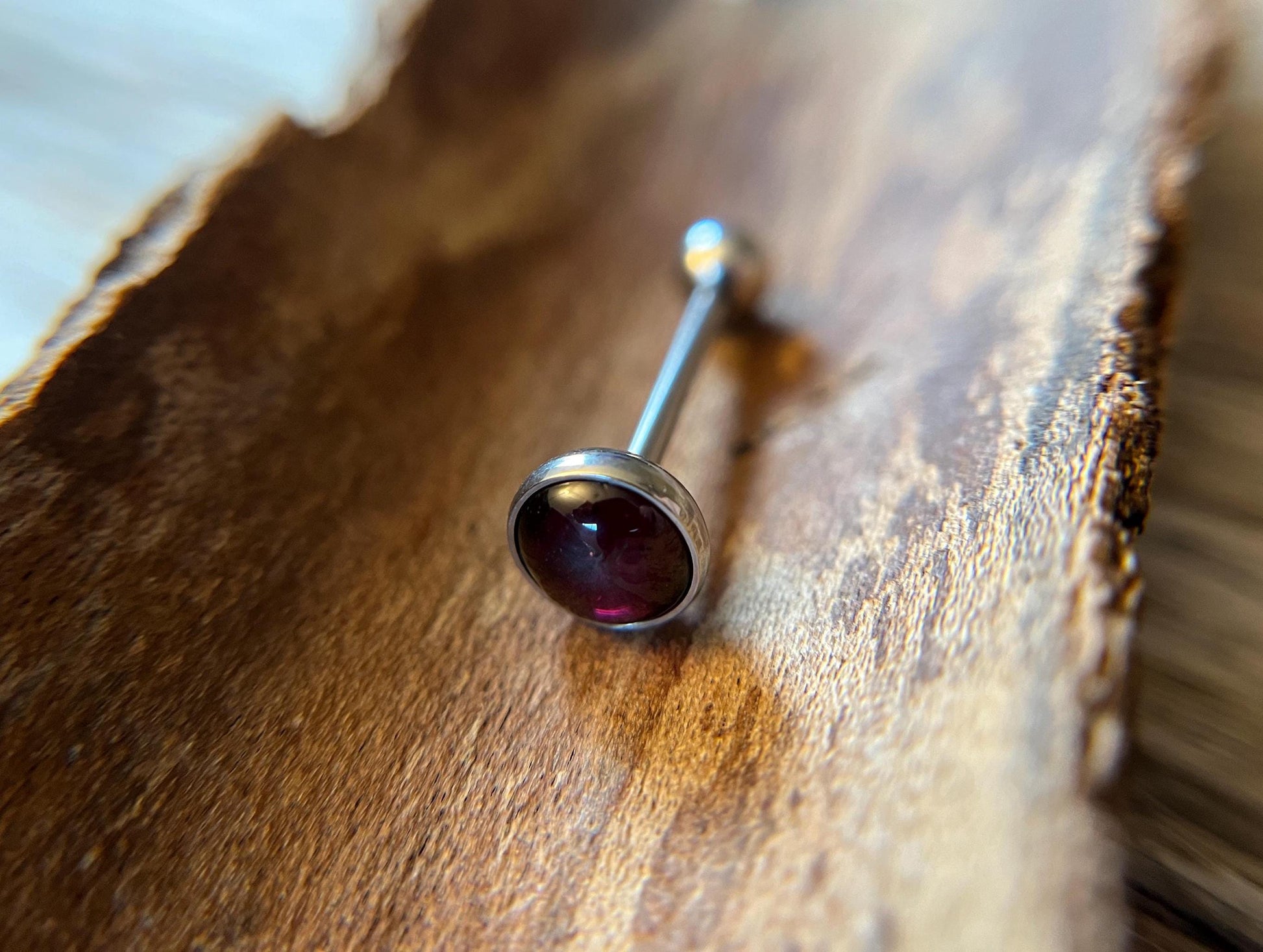 Genuine Natural Red Garnet Stone Tongue Ring Barbell 14G (1.6mm) Piercing Custom Length Bar Bezel Set Hypoallergenic 316L Surgical Steel