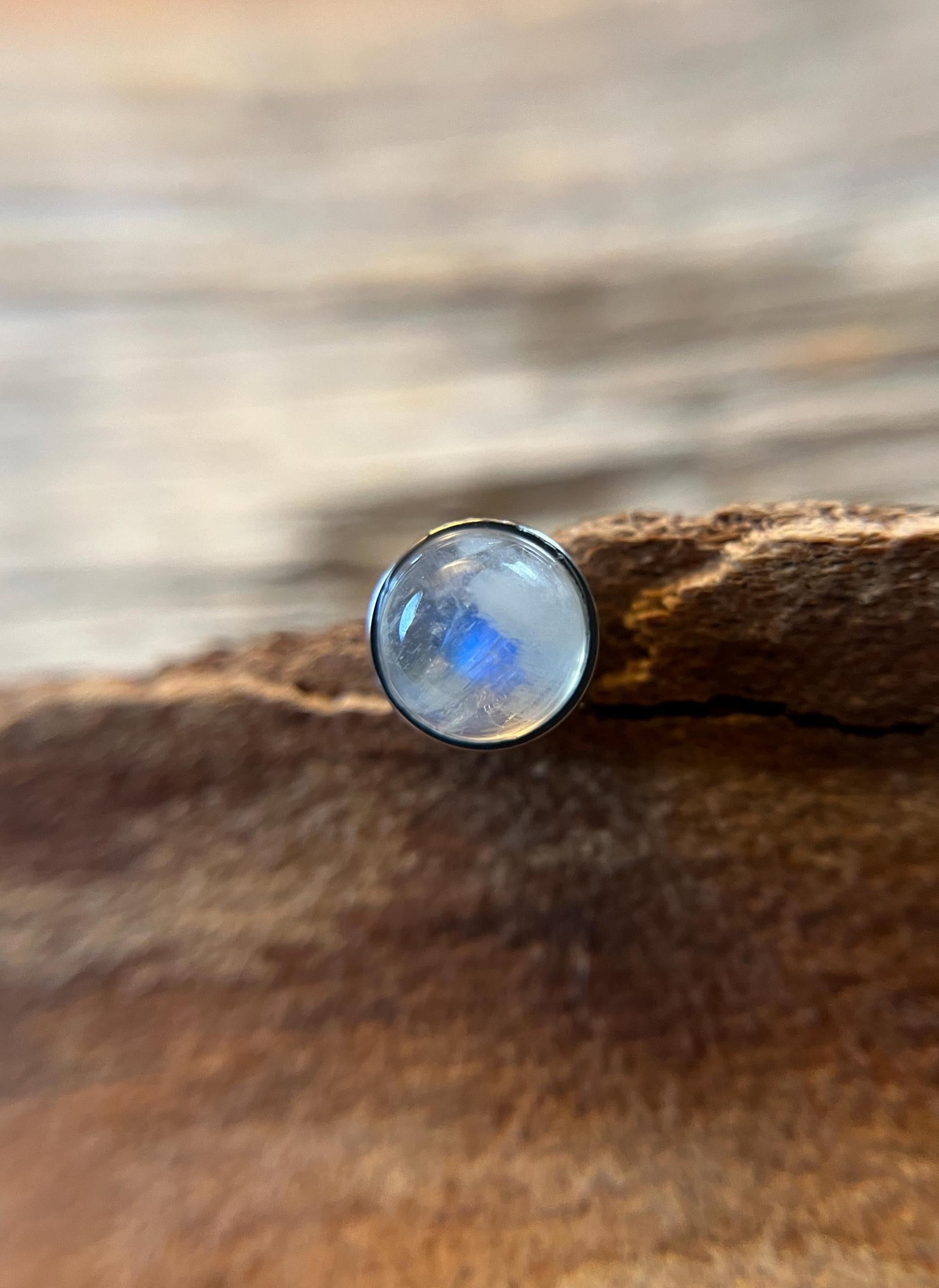 Genuine Natural Moonstone Tongue Ring Barbell 14G (1.6mm) Piercing Custom Length Bar Bezel Set Hypoallergenic 316L Surgical Steel
