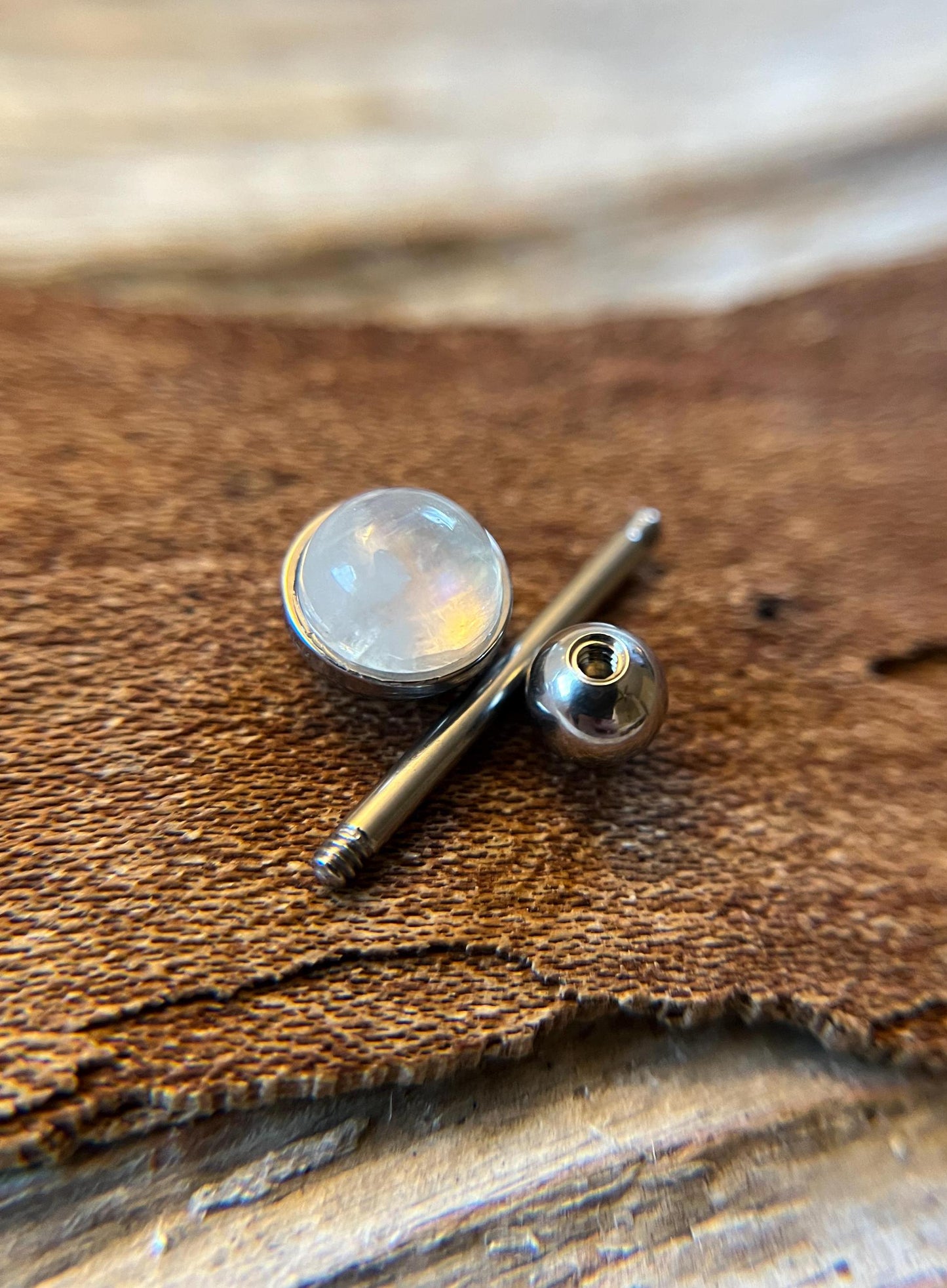 Genuine Natural Moonstone Tongue Ring Barbell 14G (1.6mm) Piercing Custom Length Bar Bezel Set Hypoallergenic 316L Surgical Steel