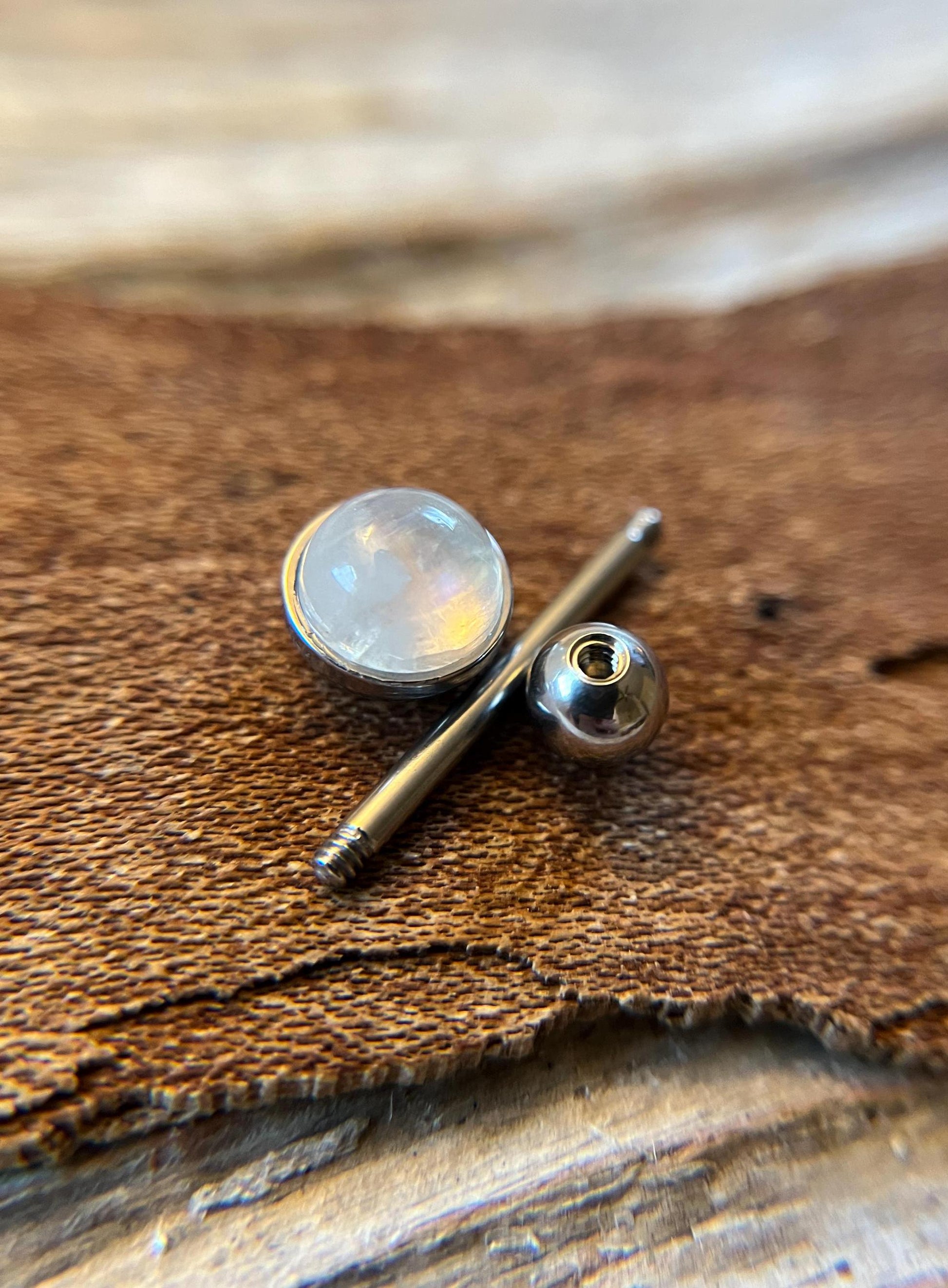 Genuine Natural Moonstone Tongue Ring Barbell 14G (1.6mm) Piercing Custom Length Bar Bezel Set Hypoallergenic 316L Surgical Steel