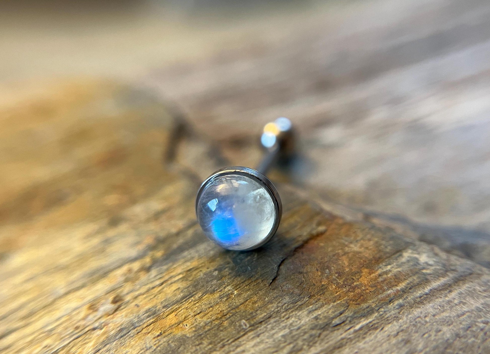 Genuine Natural Moonstone Tongue Ring Barbell 14G (1.6mm) Piercing Custom Length Bar Bezel Set Hypoallergenic 316L Surgical Steel