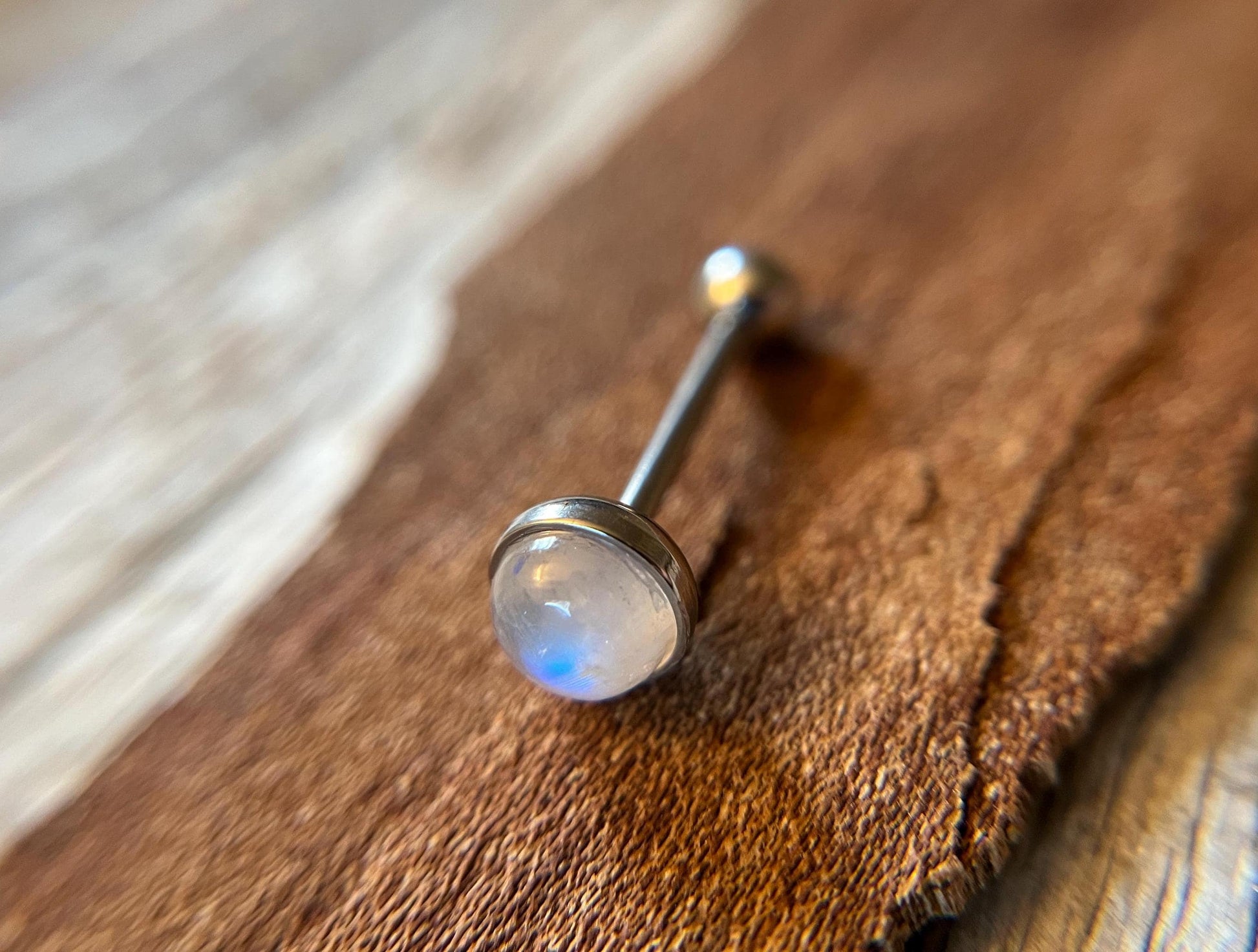 Genuine Natural Moonstone Tongue Ring Barbell 14G (1.6mm) Piercing Custom Length Bar Bezel Set Hypoallergenic 316L Surgical Steel