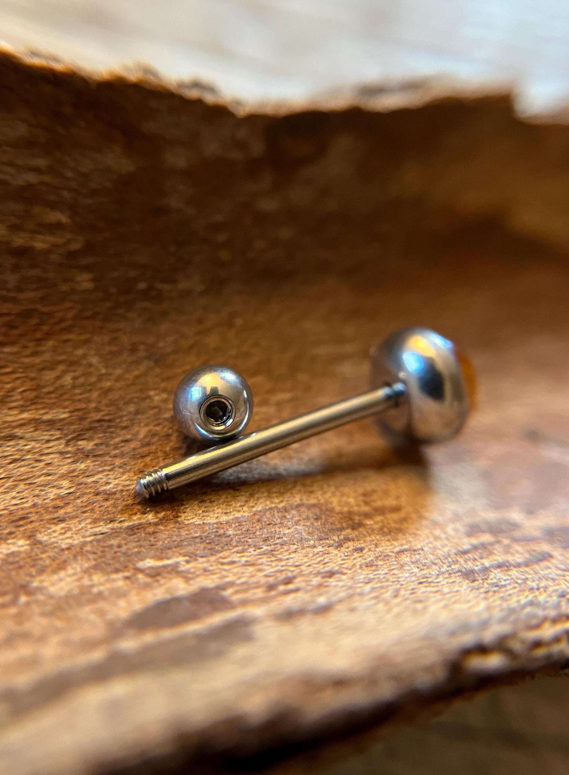 Natural Golden Citrine Stone Tongue Ring Barbell 14G (1.6mm) Piercing Custom Length Bar Bezel Set Hypoallergenic 316L Surgical Steel Crystal