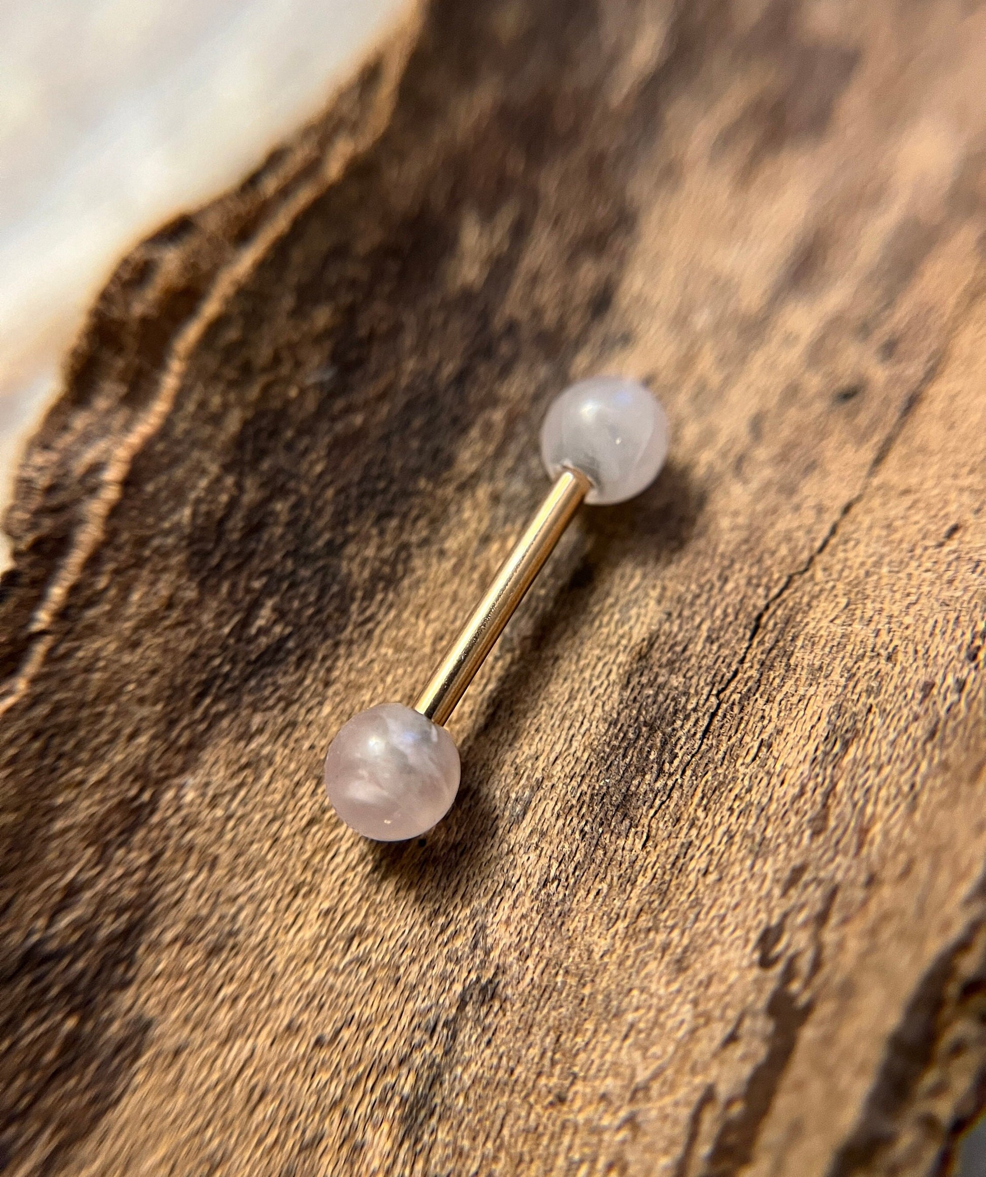 Rose Gold Titanium Ion Plated Natural Pink Rose Quartz Stone Petite Nipple Tongue Ring 14G (1.6mm) Barbell Barbells Bars Piercing
