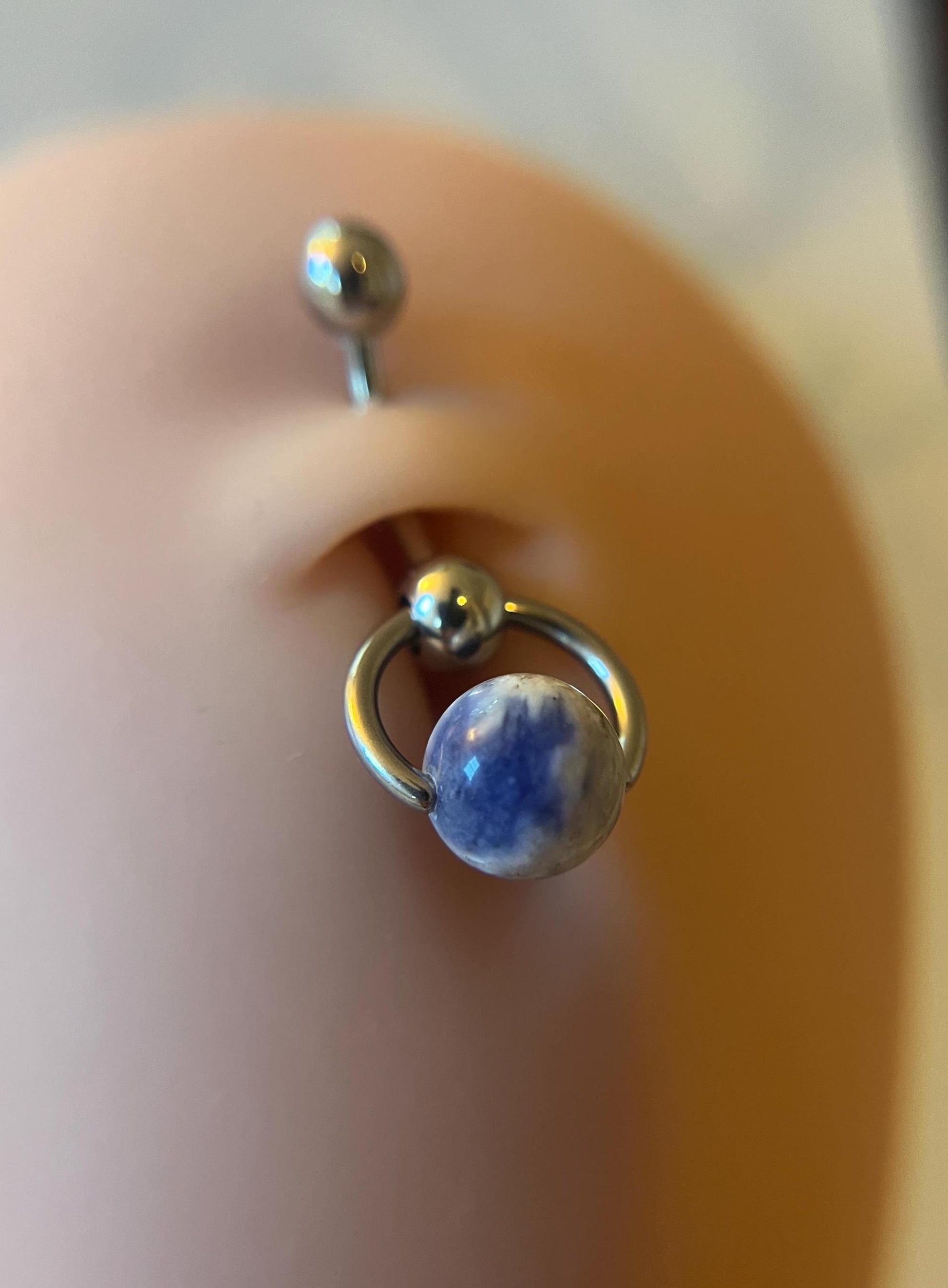 Natural Blue Sodalite Heavy Stone Slave Knocker Floating Belly Navel VCH Christina Barbell 14G (1.6mm) Piercing Steel Ring Large Size