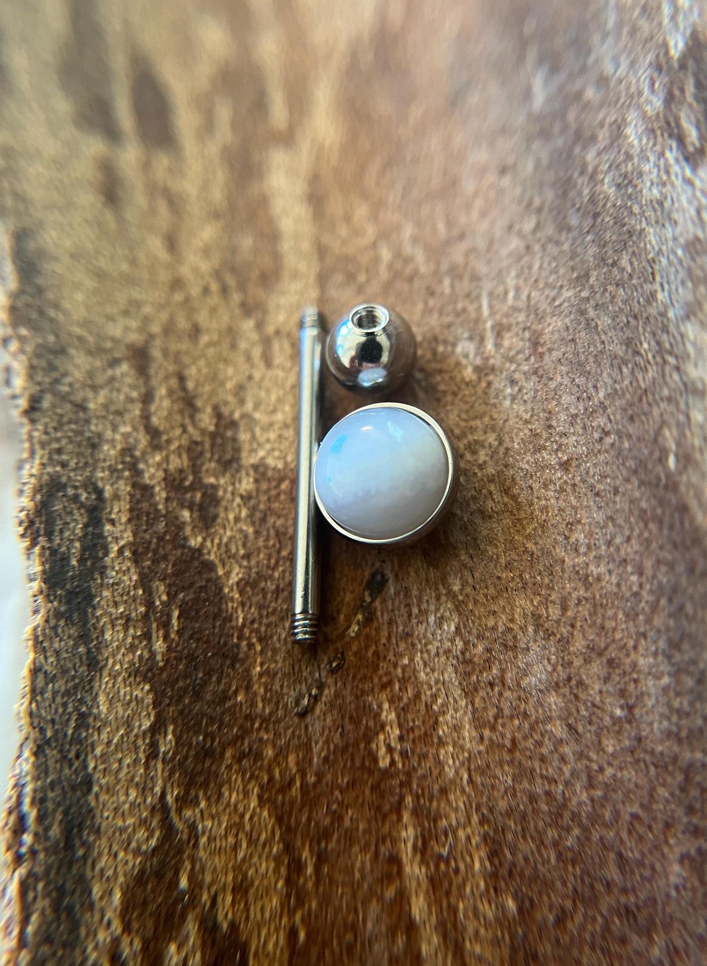 Natural Blue Gray Agate Stone Tongue Ring Barbell 14G (1.6mm) Piercing Custom Length Bar Bezel Set Hypoallergenic 316L Surgical Steel