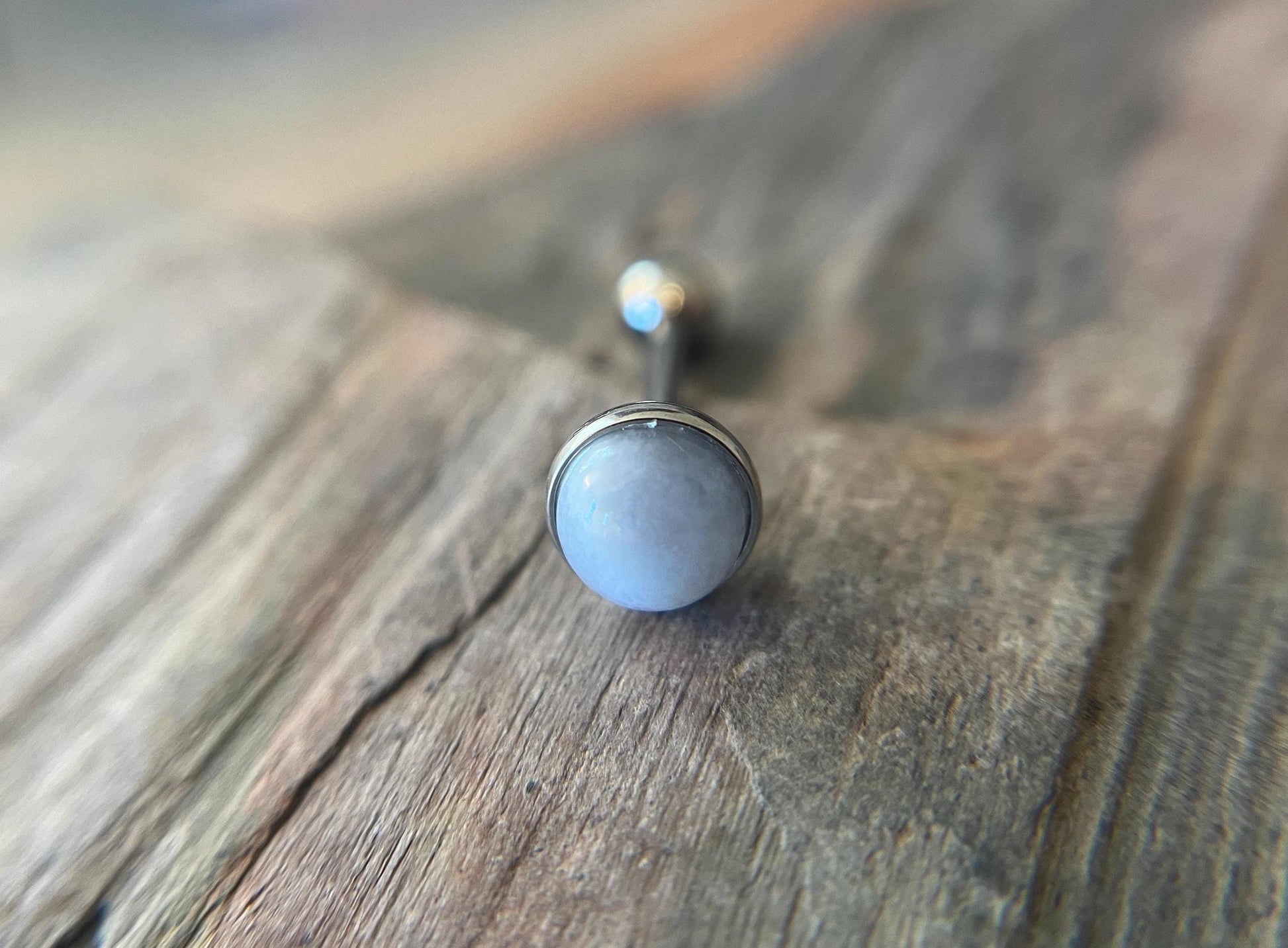 Natural Blue Gray Agate Stone Tongue Ring Barbell 14G (1.6mm) Piercing Custom Length Bar Bezel Set Hypoallergenic 316L Surgical Steel
