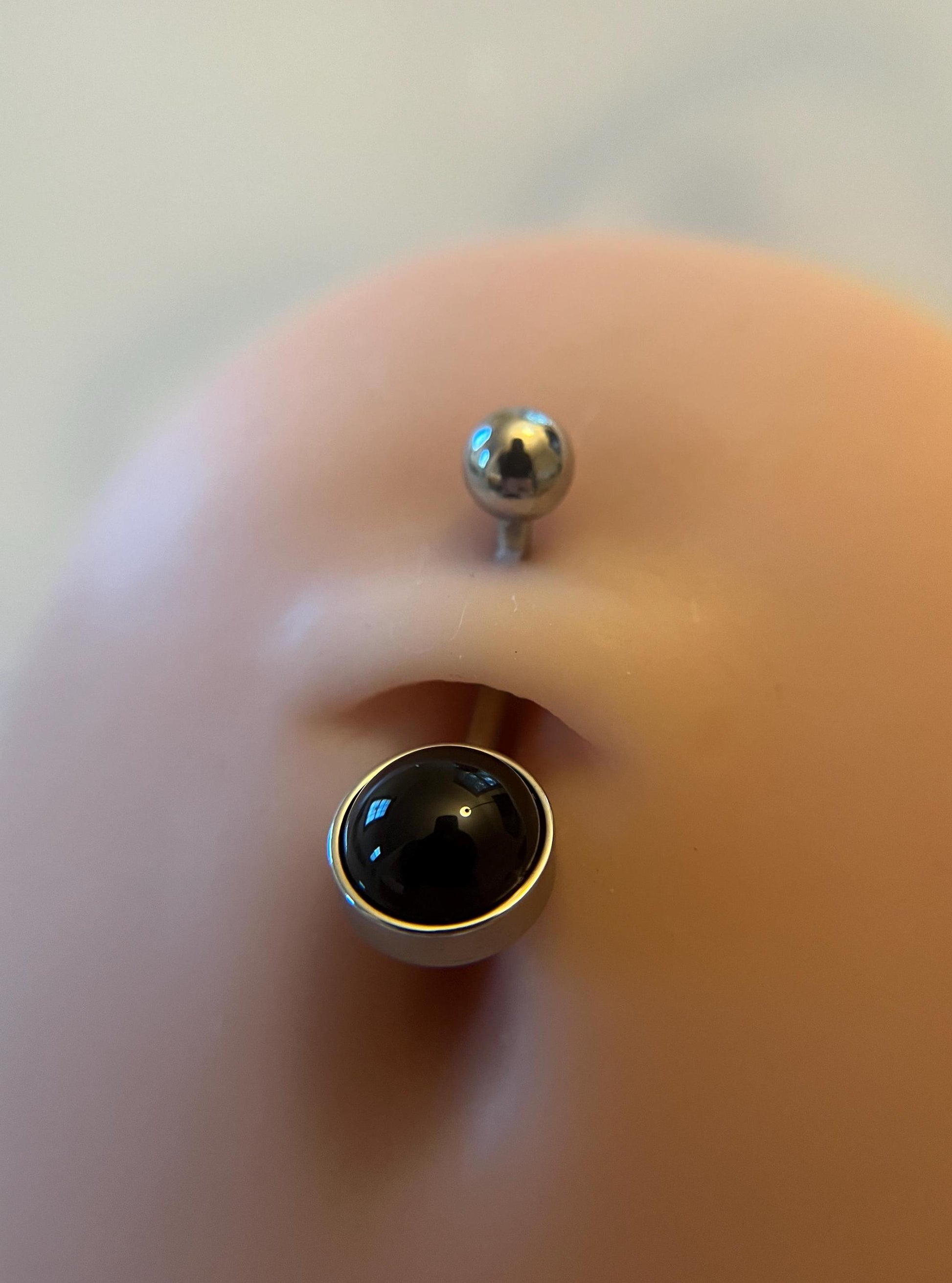 Natural Black Obsidian Volcanic Glass Belly Ring Floating Navel VCH Piercing Barbell 14G (1.6mm) Custom Length Bar Bezel Set Surgical Steel