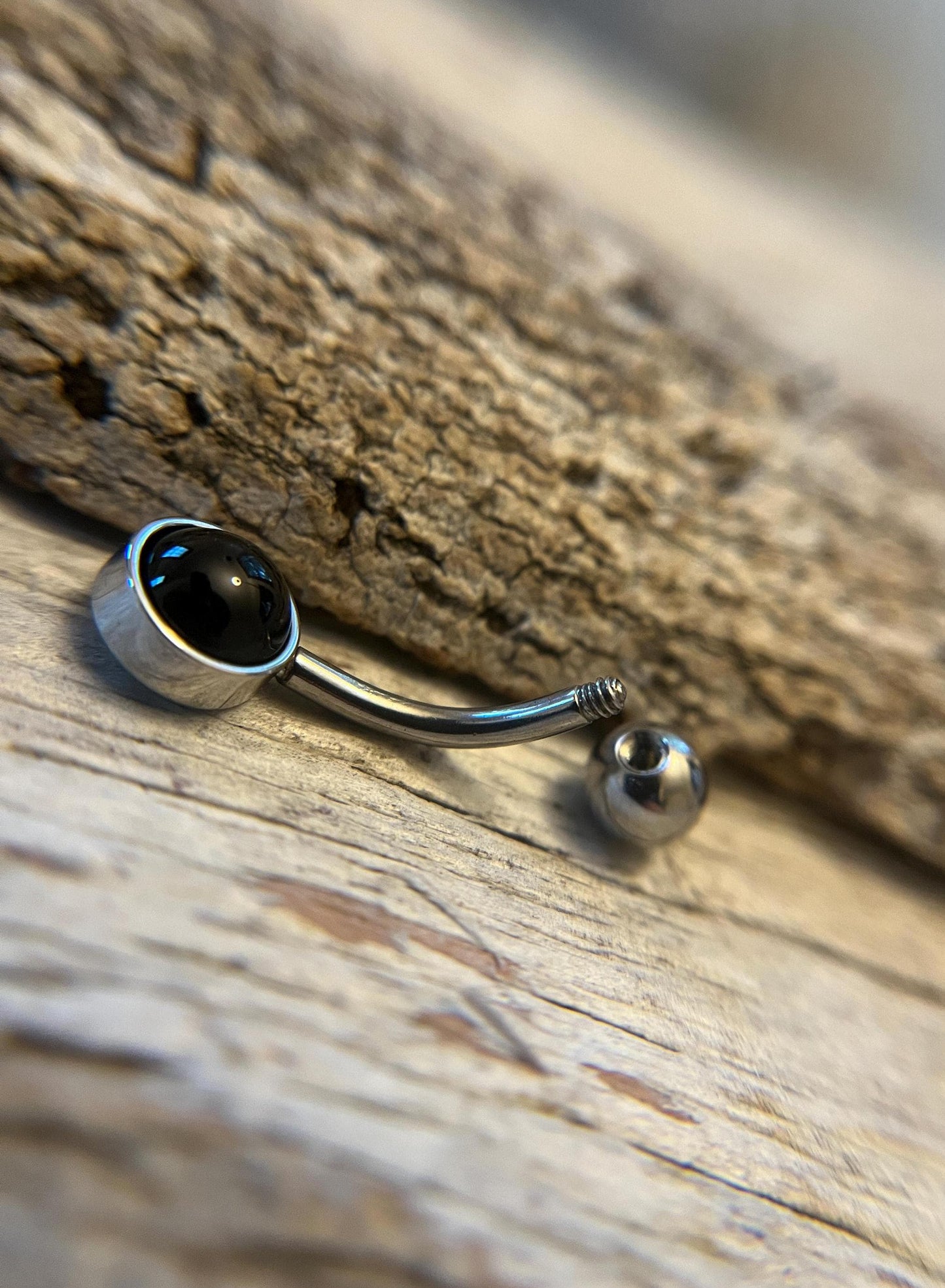 Natural Black Obsidian Volcanic Glass Belly Ring Floating Navel VCH Piercing Barbell 14G (1.6mm) Custom Length Bar Bezel Set Surgical Steel