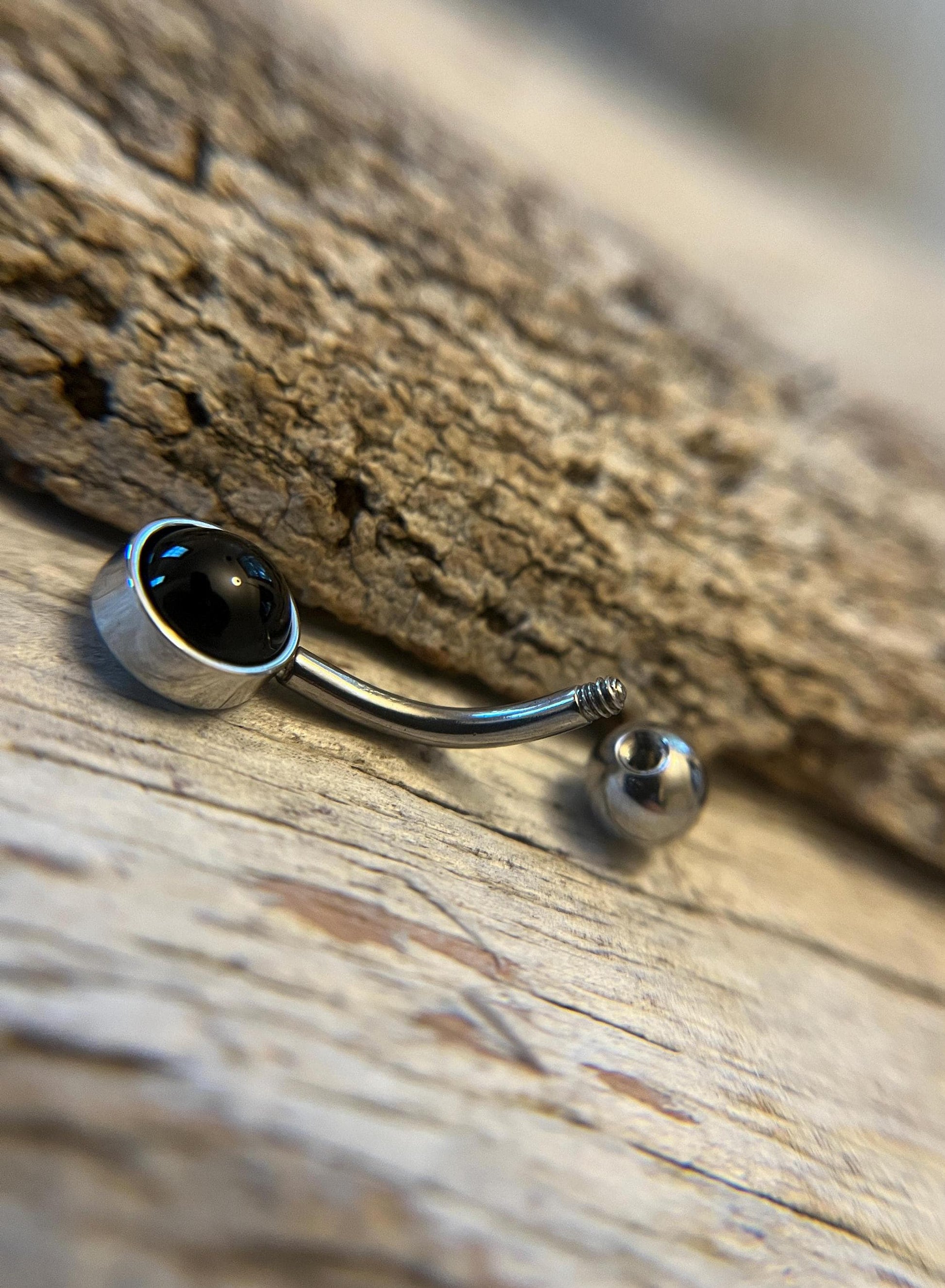 Natural Black Obsidian Volcanic Glass Belly Ring Floating Navel VCH Piercing Barbell 14G (1.6mm) Custom Length Bar Bezel Set Surgical Steel