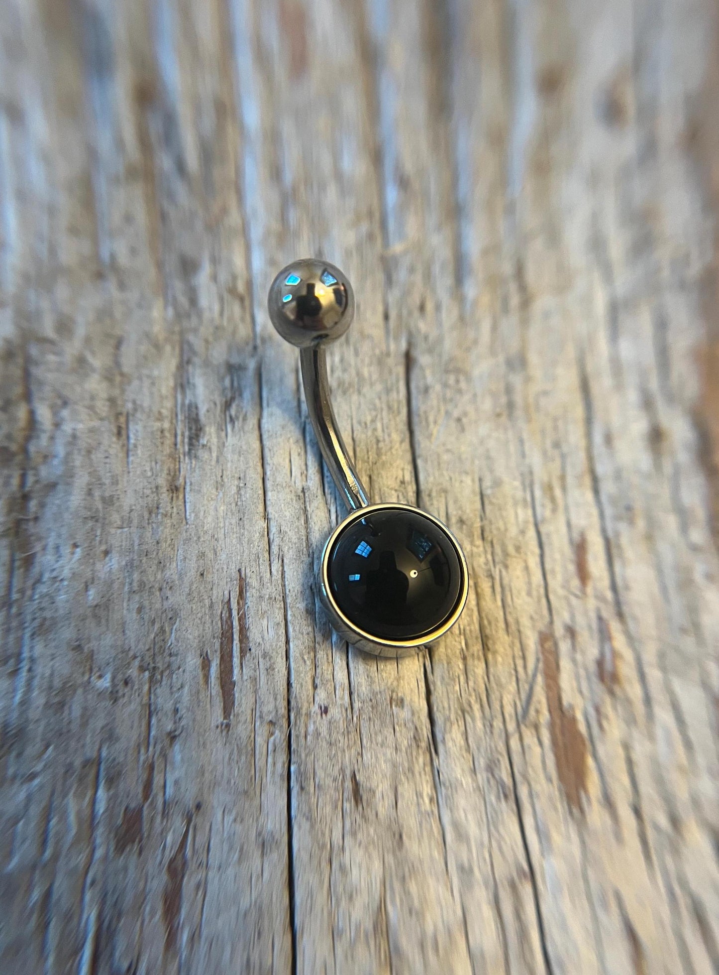 Natural Black Obsidian Volcanic Glass Belly Ring Floating Navel VCH Piercing Barbell 14G (1.6mm) Custom Length Bar Bezel Set Surgical Steel