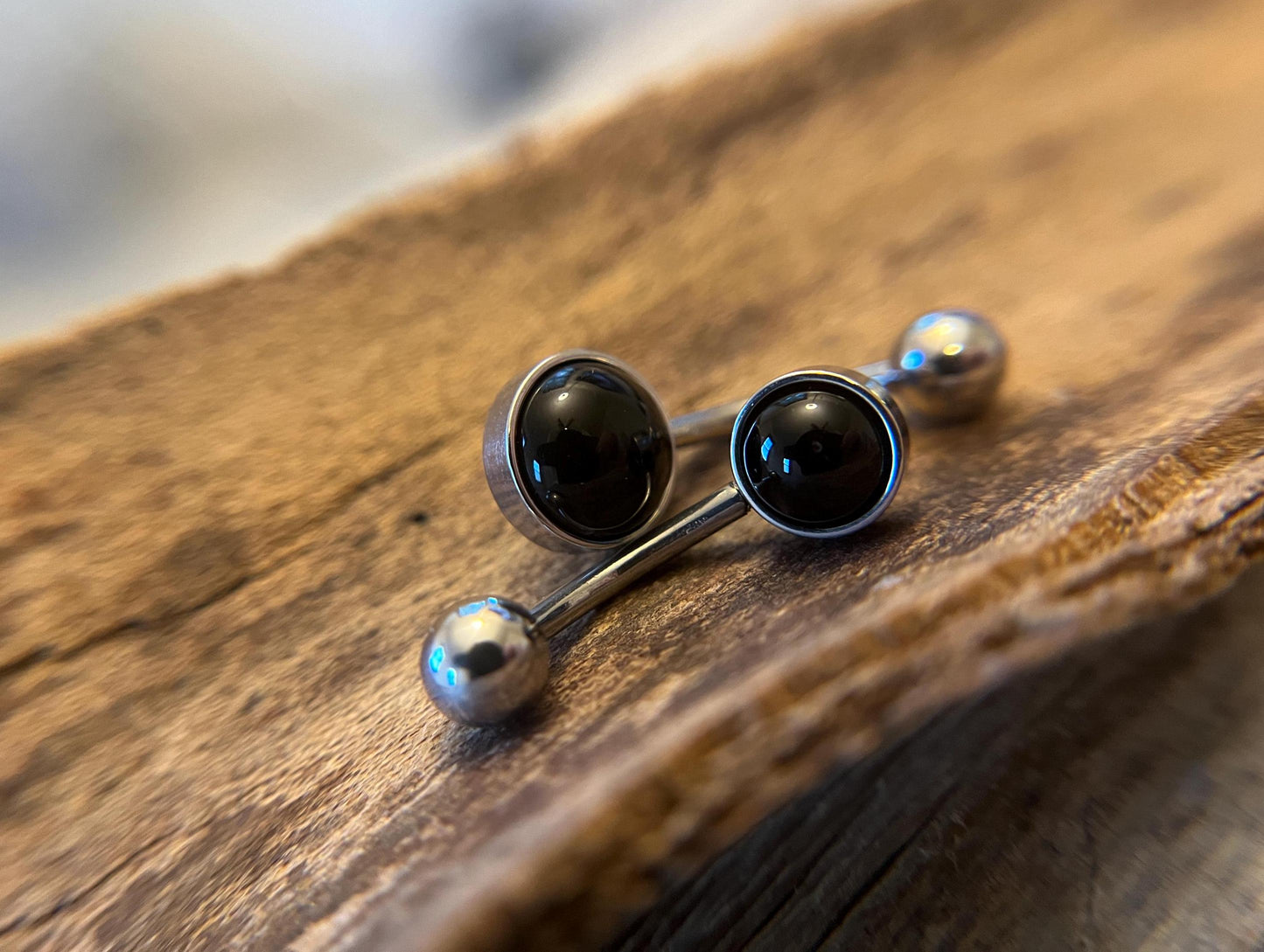 Natural Black Obsidian Volcanic Glass Belly Ring Floating Navel VCH Piercing Barbell 14G (1.6mm) Custom Length Bar Bezel Set Surgical Steel