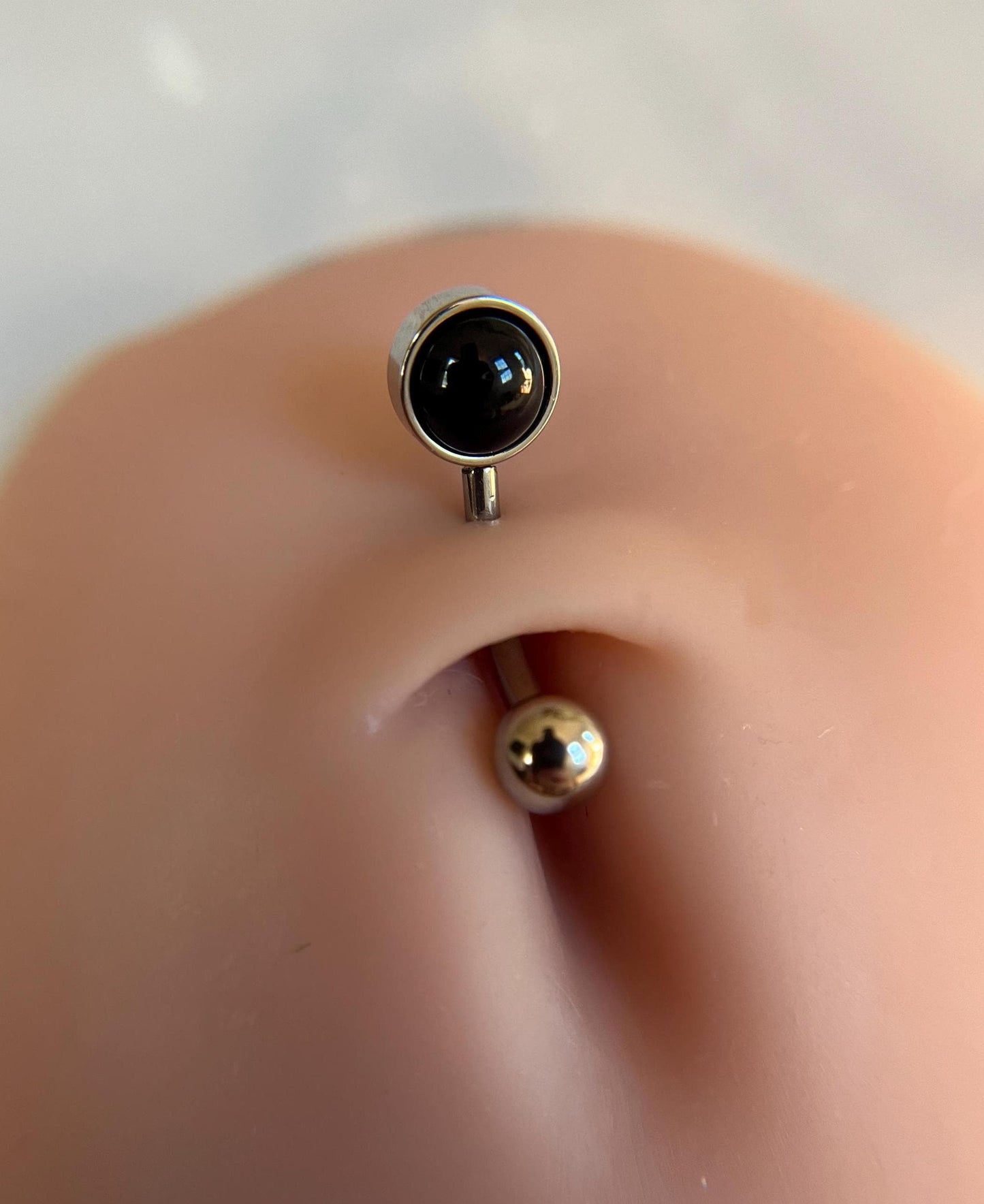 Natural Black Obsidian Volcanic Glass Belly Ring Floating Navel VCH Piercing Barbell 14G (1.6mm) Custom Length Bar Bezel Set Surgical Steel