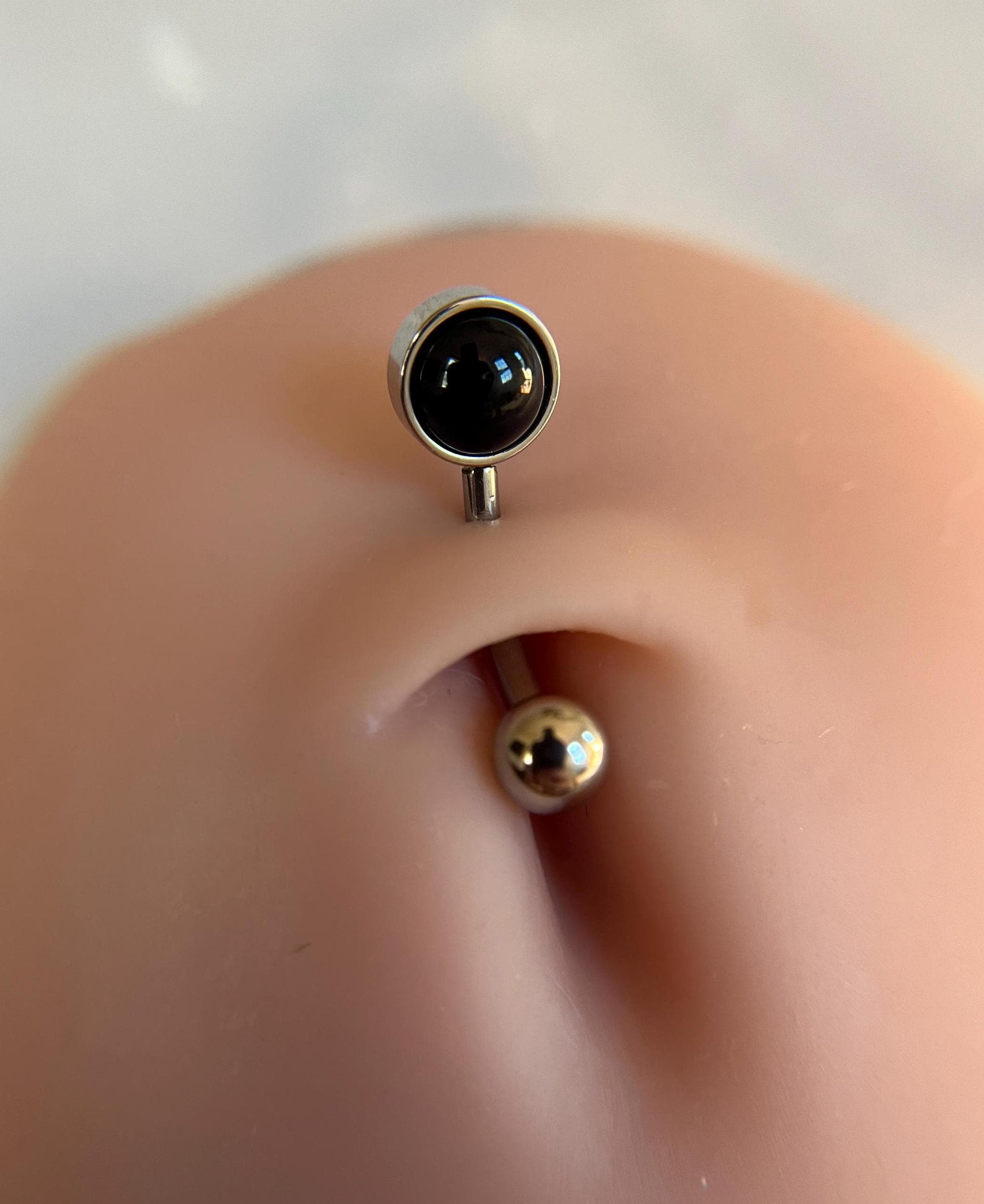 Natural Black Obsidian Volcanic Glass Belly Ring Floating Navel VCH Piercing Barbell 14G (1.6mm) Custom Length Bar Bezel Set Surgical Steel