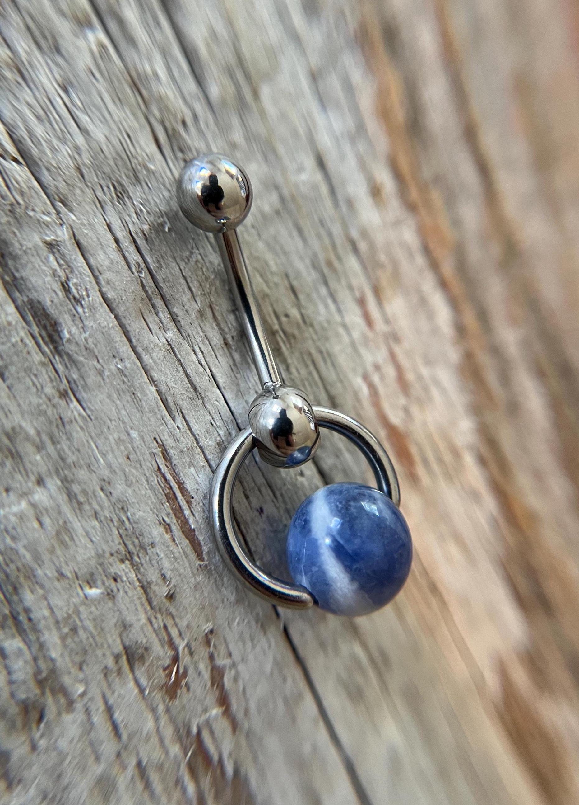 Natural Blue Sodalite Heavy Stone Slave Knocker Floating Belly Navel VCH Christina Barbell 14G (1.6mm) Piercing Steel Ring Large Size