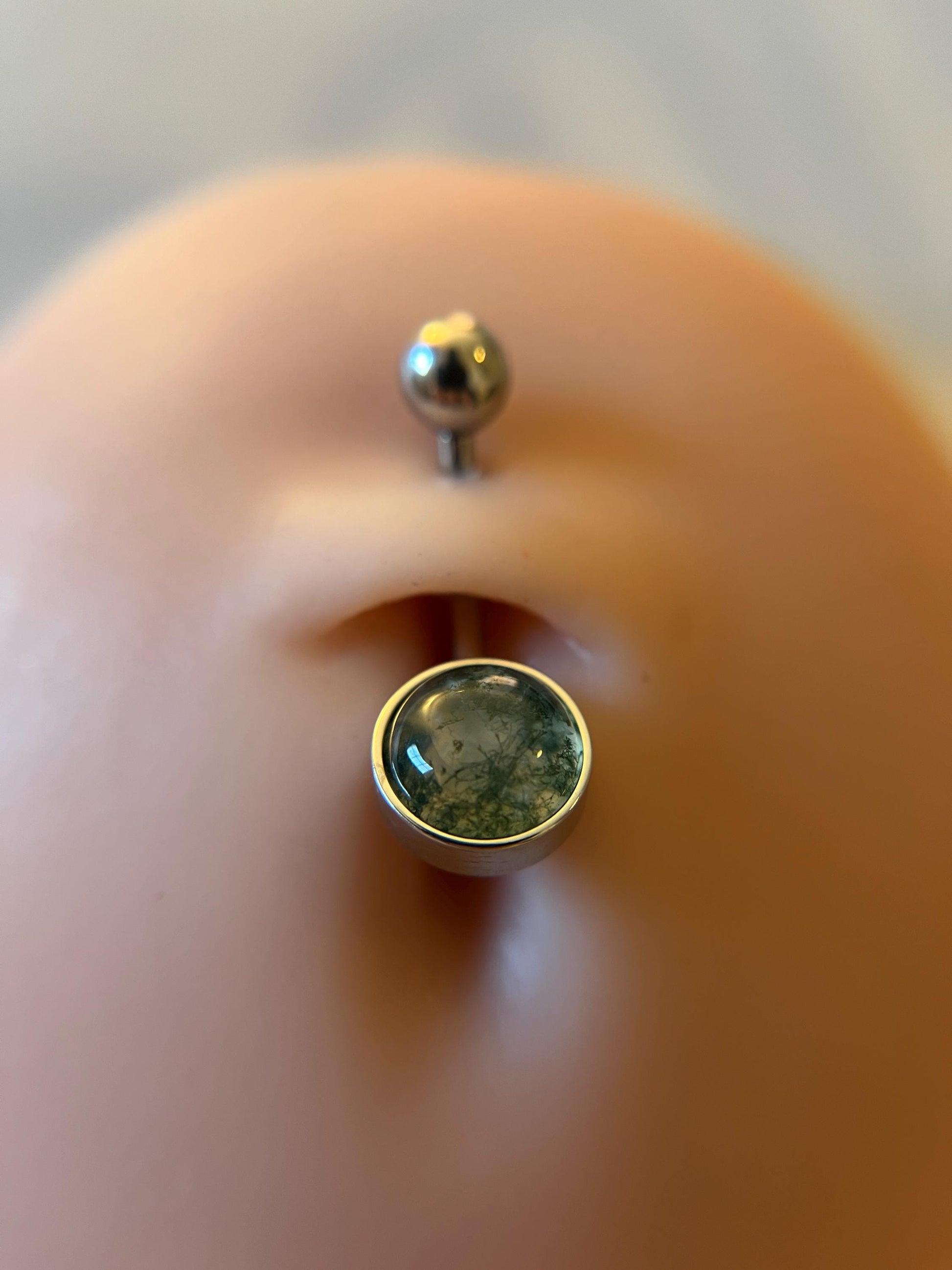 Natural Moss Agate Stone Belly Ring Floating Navel VCH Piercing Barbell 14G (1.6mm) Custom Length Bar Bezel Set 316L Surgical Steel