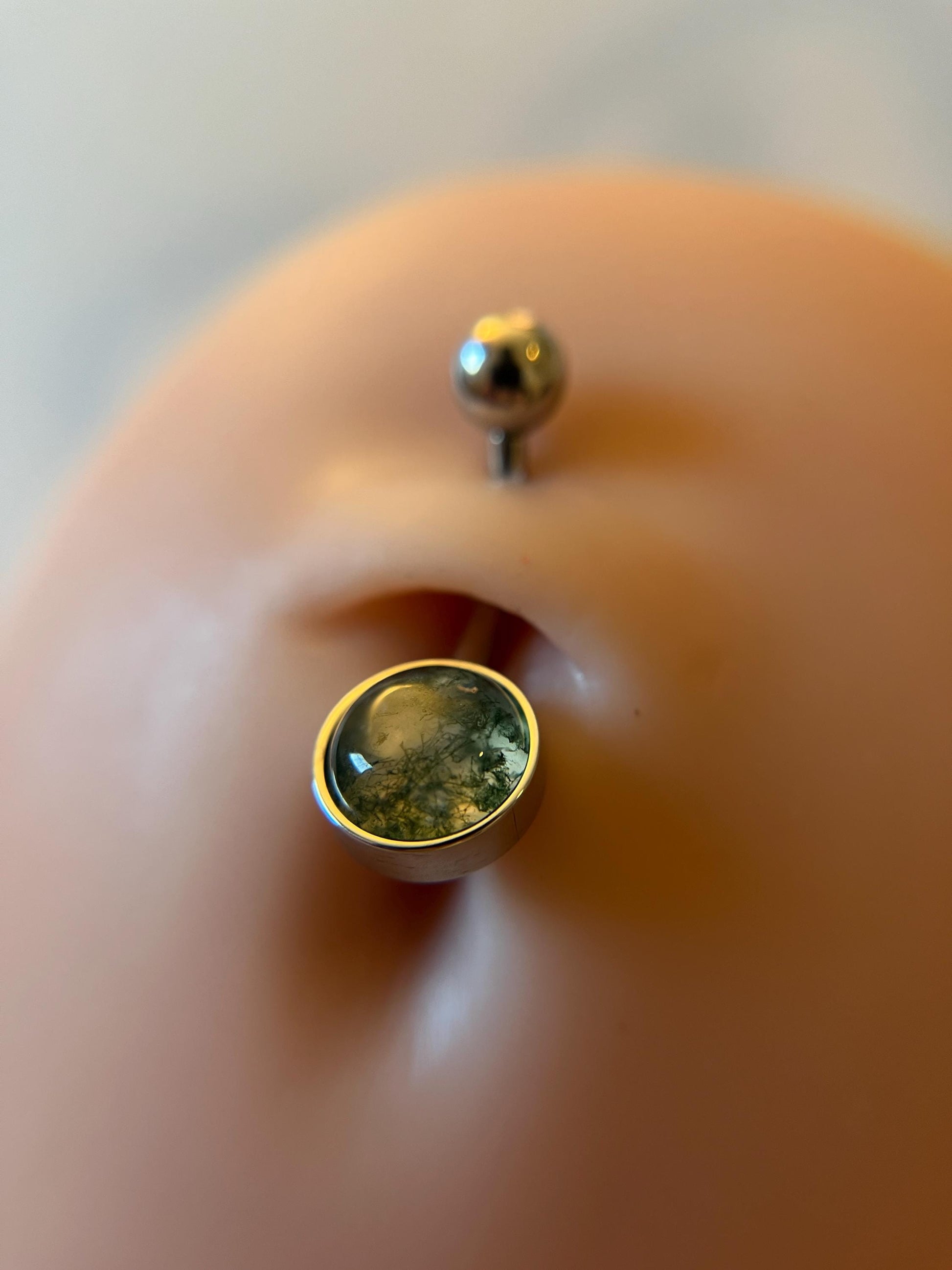 Natural Moss Agate Stone Belly Ring Floating Navel VCH Piercing Barbell 14G (1.6mm) Custom Length Bar Bezel Set 316L Surgical Steel