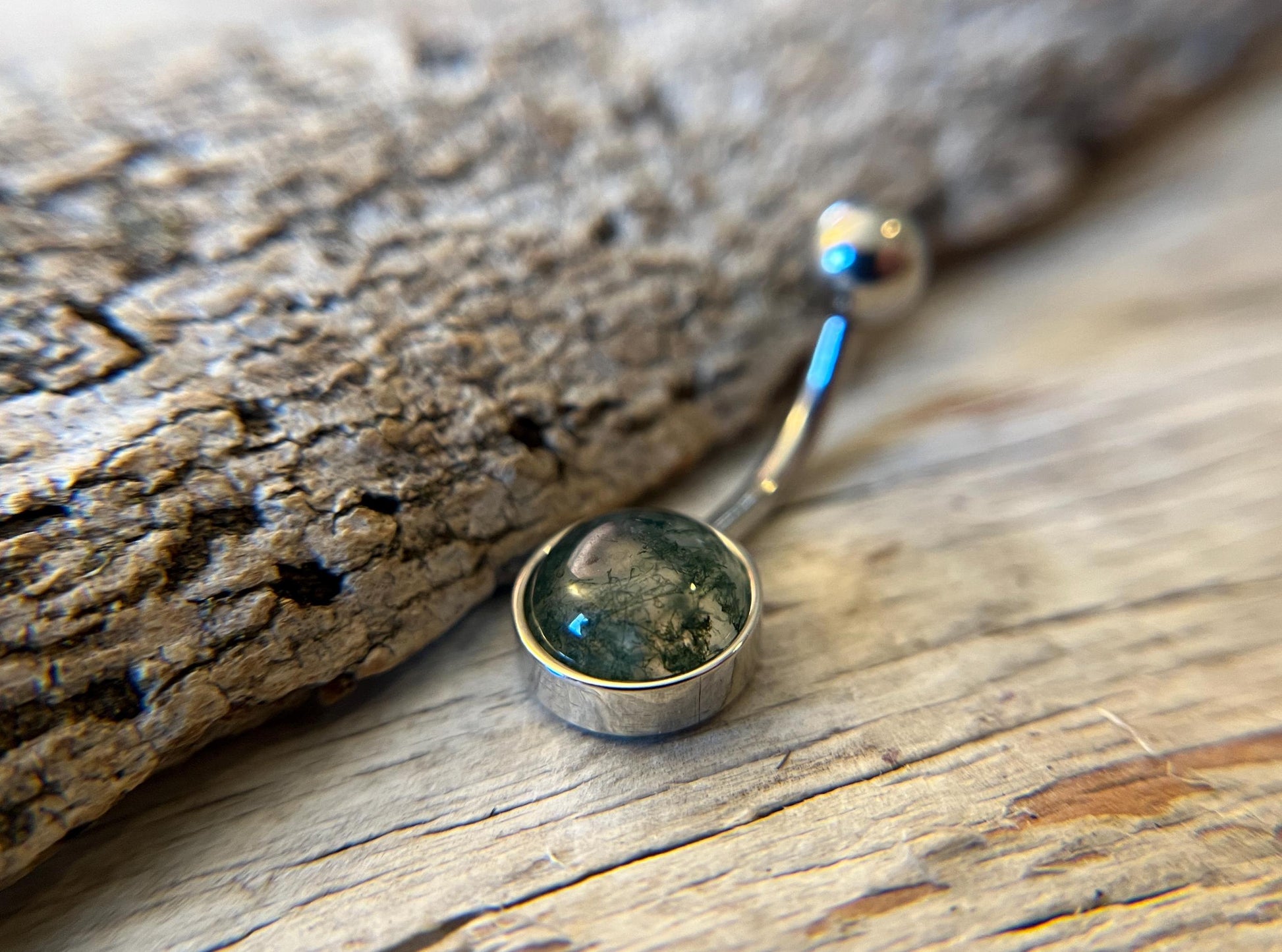 Natural Moss Agate Stone Belly Ring Floating Navel VCH Piercing Barbell 14G (1.6mm) Custom Length Bar Bezel Set 316L Surgical Steel