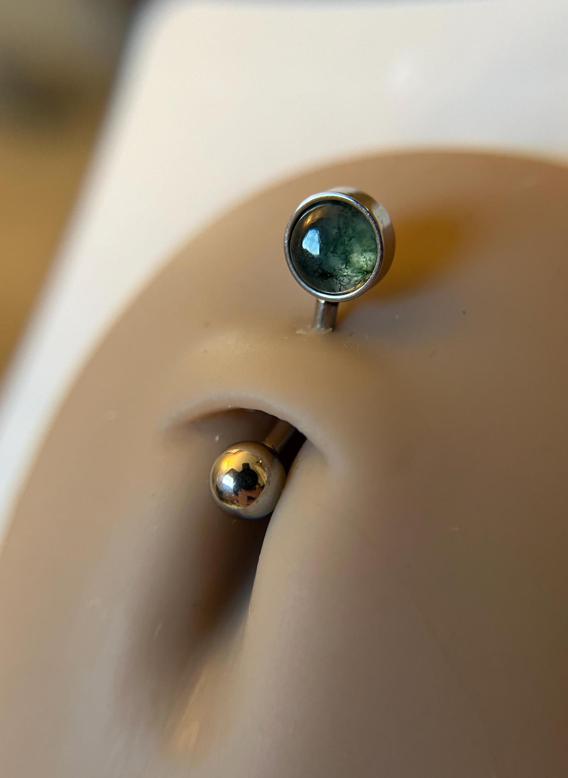 Natural Moss Agate Stone Belly Ring Floating Navel VCH Piercing Barbell 14G (1.6mm) Custom Length Bar Bezel Set 316L Surgical Steel