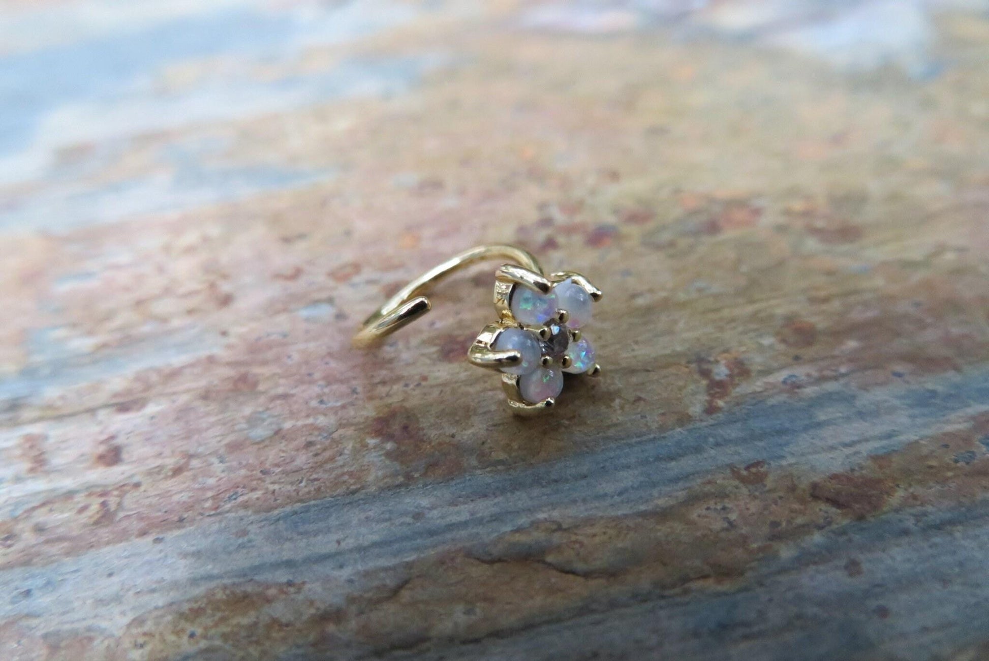 Silver Fire Opal Glitter Flower Nose Ring Hoop 20G (.81mm) Miyuki Glass Bead Nose Cartilage Tragus Piercing