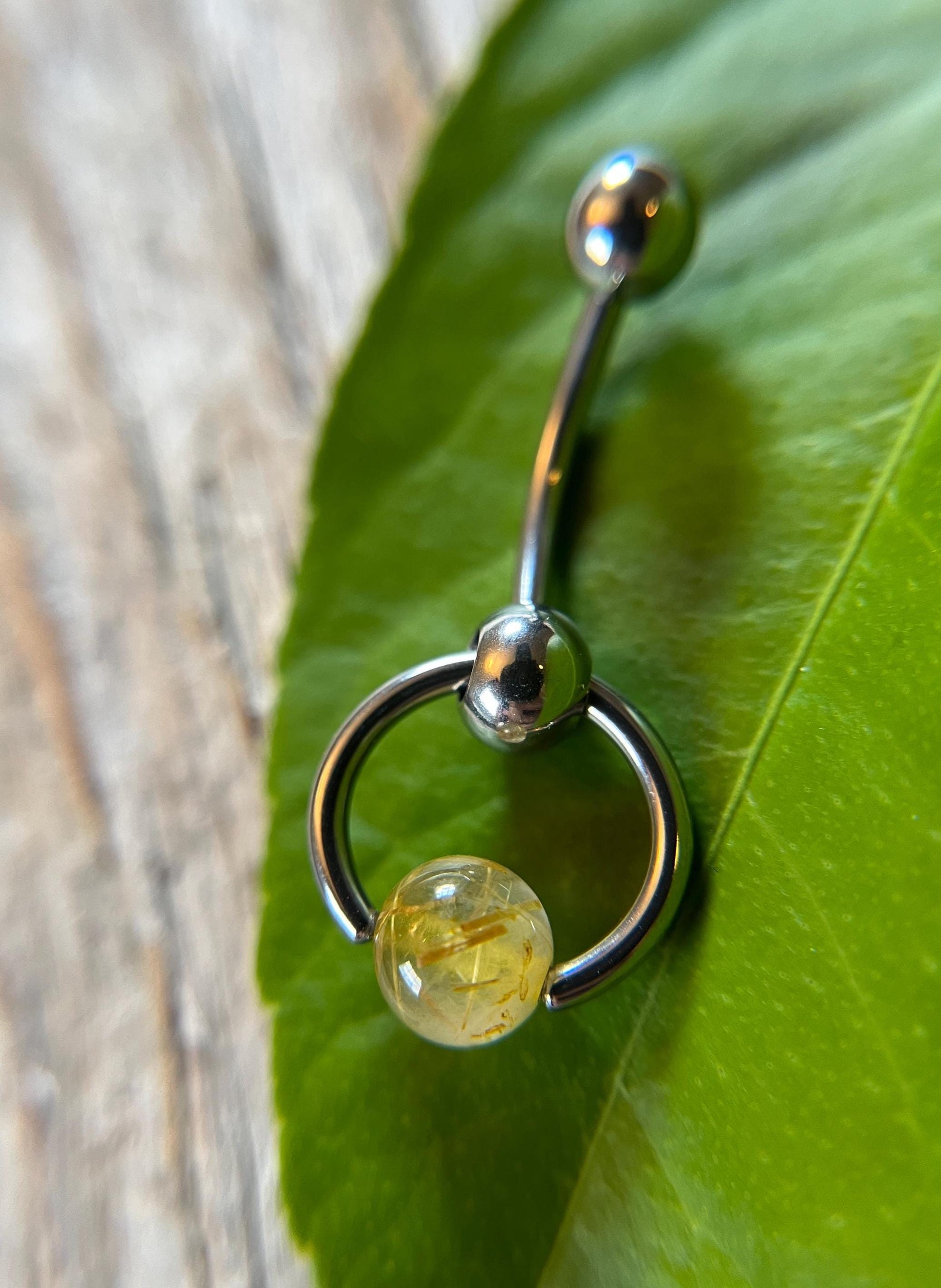 Natural Golden Rutilated Quartz Stone Slave Knocker Floating Belly Navel VCH Christina Curved Barbell 14G (1.6mm) Piercing Surgical Steel