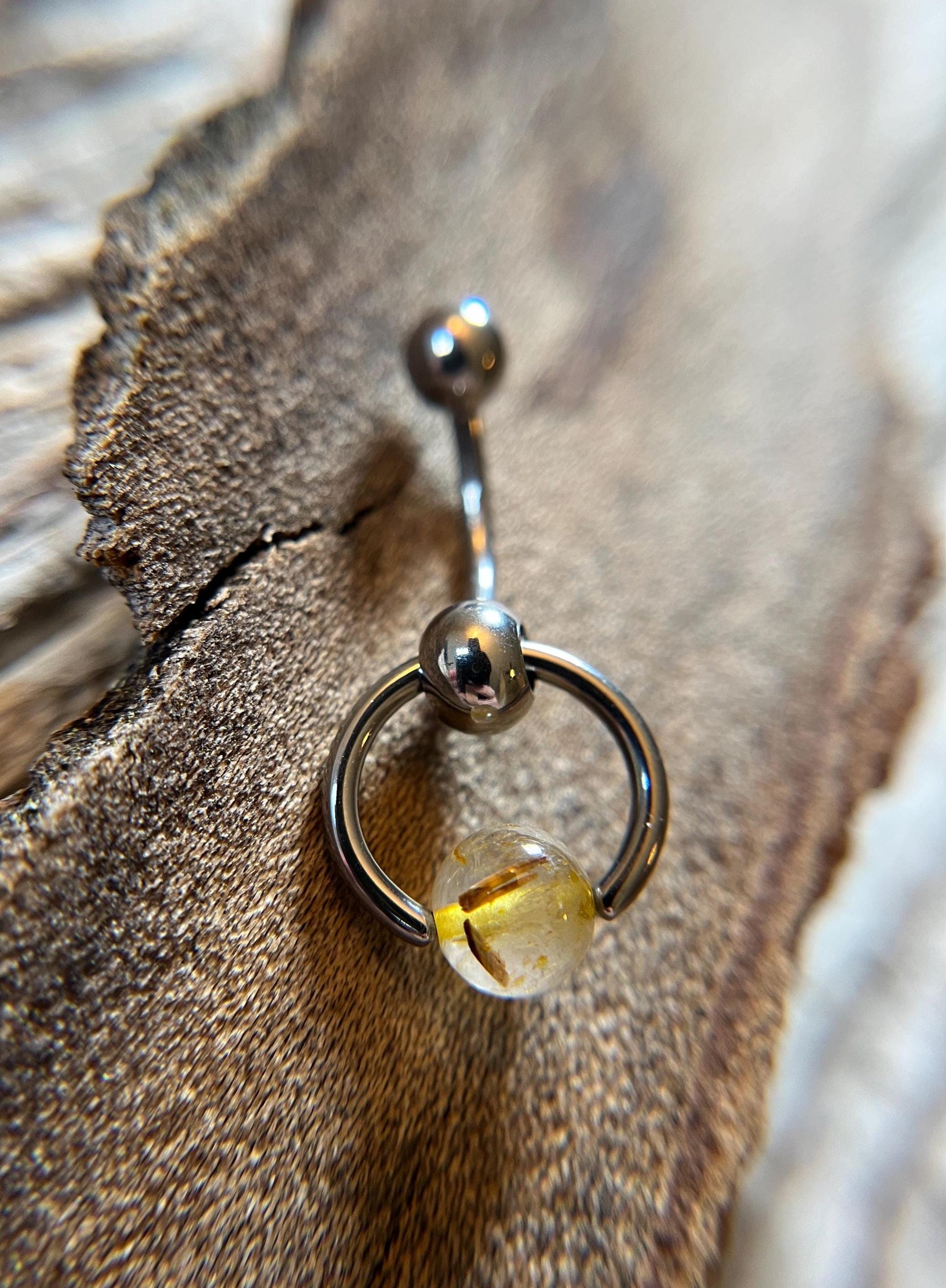 Natural Golden Rutilated Quartz Stone Slave Knocker Floating Belly Navel VCH Christina Curved Barbell 14G (1.6mm) Piercing Surgical Steel