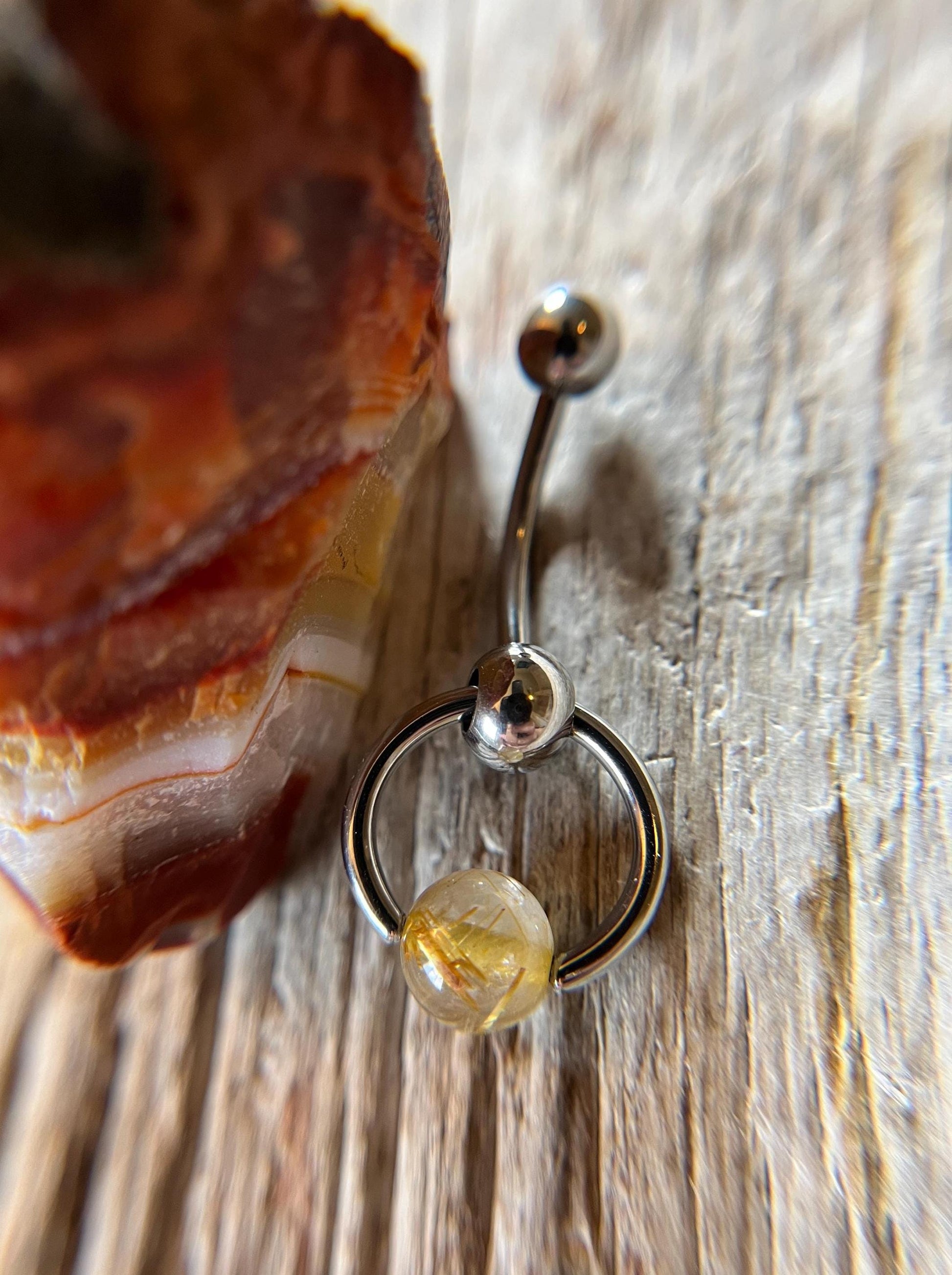 Natural Golden Rutilated Quartz Stone Slave Knocker Floating Belly Navel VCH Christina Curved Barbell 14G (1.6mm) Piercing Surgical Steel