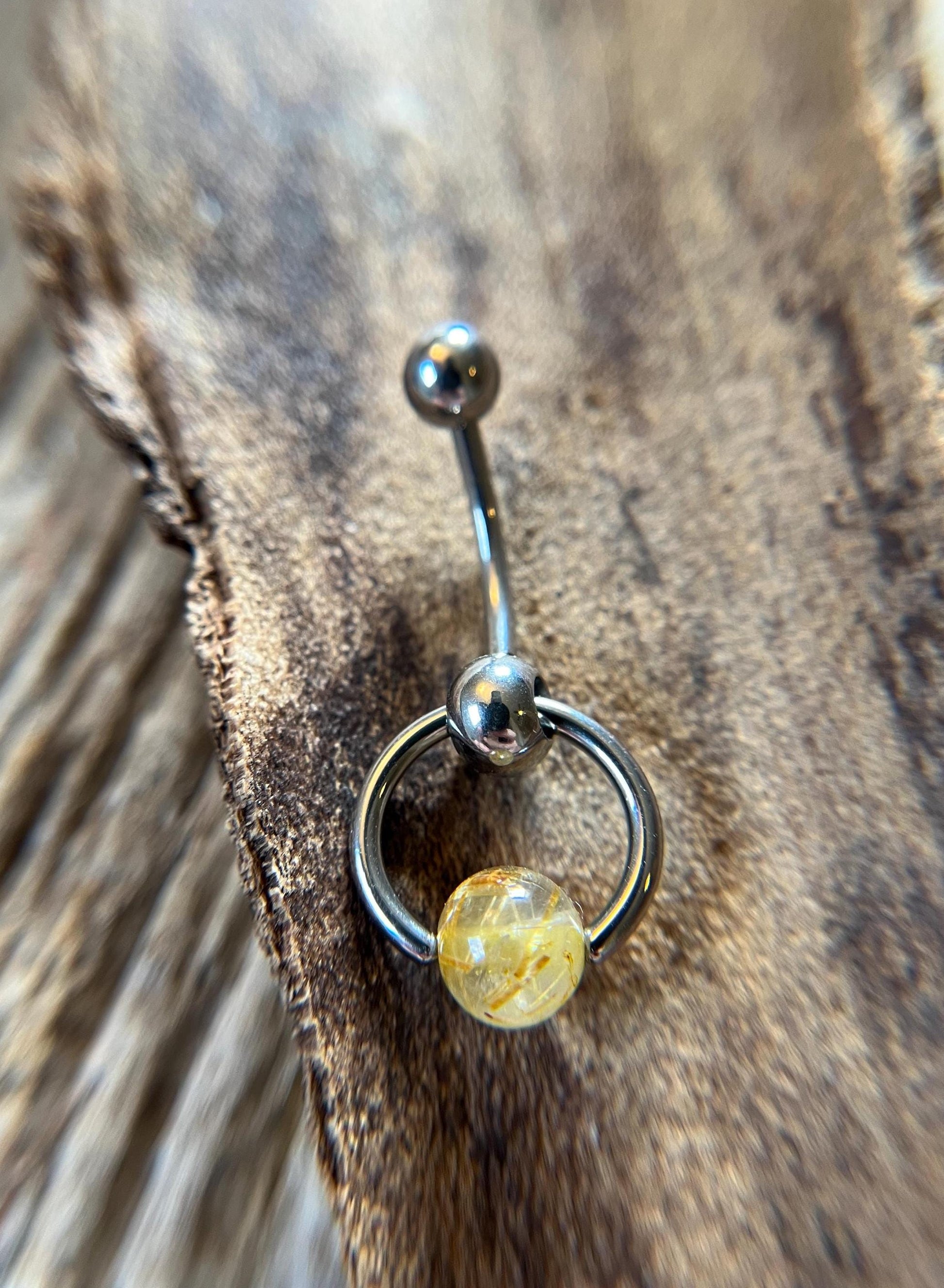 Natural Golden Rutilated Quartz Stone Slave Knocker Floating Belly Navel VCH Christina Curved Barbell 14G (1.6mm) Piercing Surgical Steel