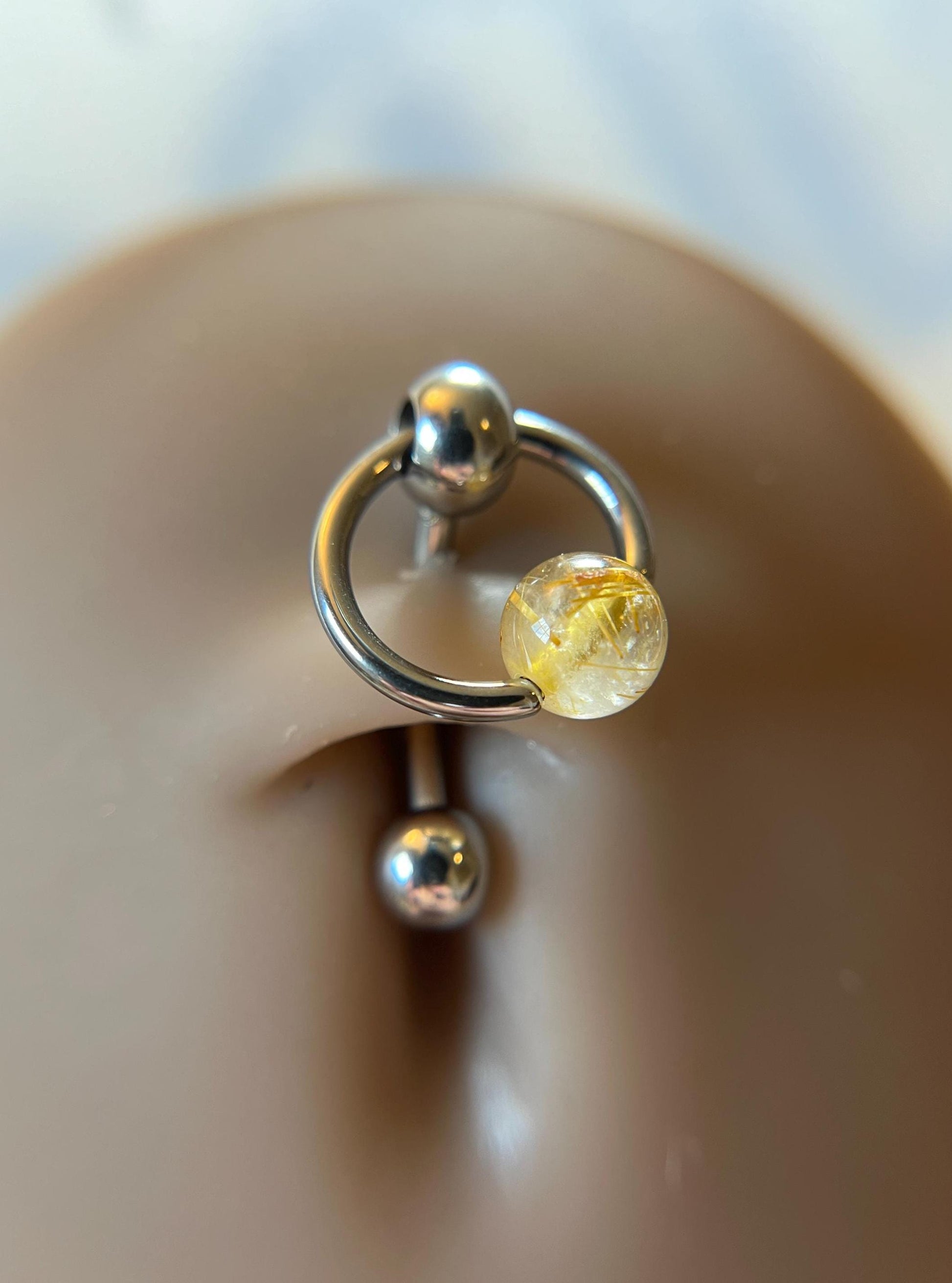 Natural Golden Rutilated Quartz Stone Slave Knocker Floating Belly Navel VCH Christina Curved Barbell 14G (1.6mm) Piercing Surgical Steel