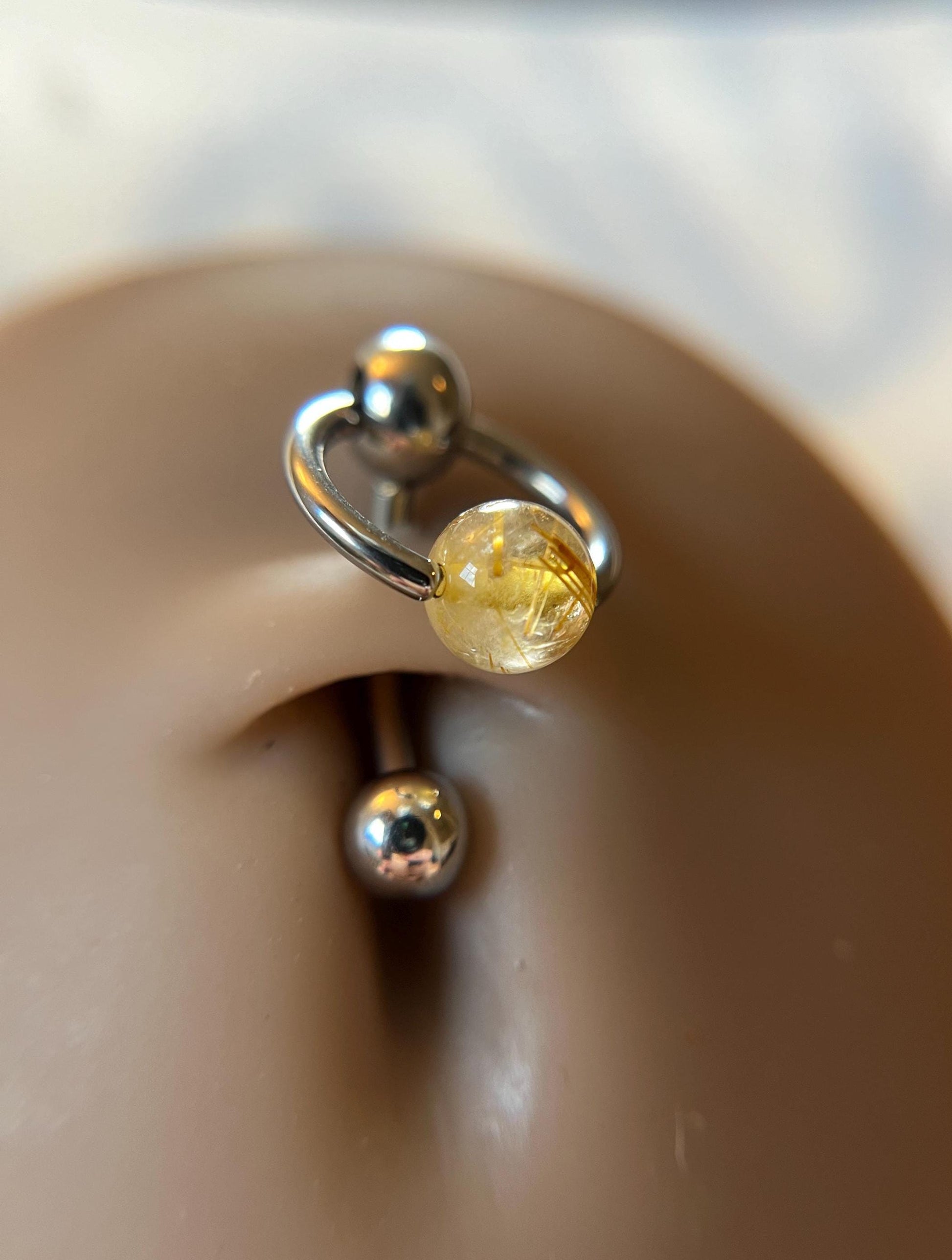 Natural Golden Rutilated Quartz Stone Slave Knocker Floating Belly Navel VCH Christina Curved Barbell 14G (1.6mm) Piercing Surgical Steel