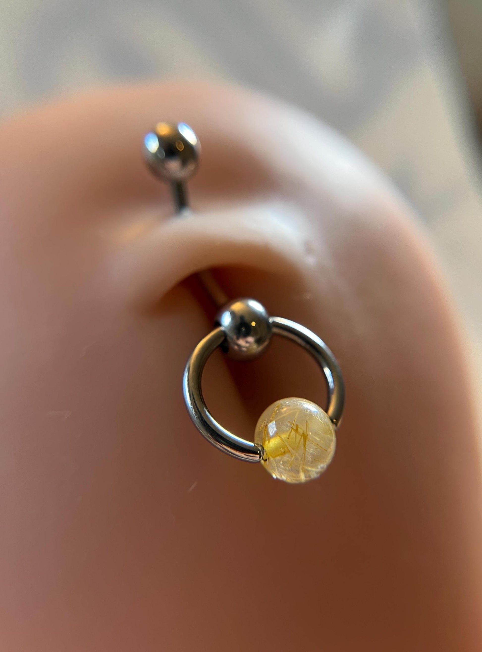 Natural Golden Rutilated Quartz Stone Slave Knocker Floating Belly Navel VCH Christina Curved Barbell 14G (1.6mm) Piercing Surgical Steel
