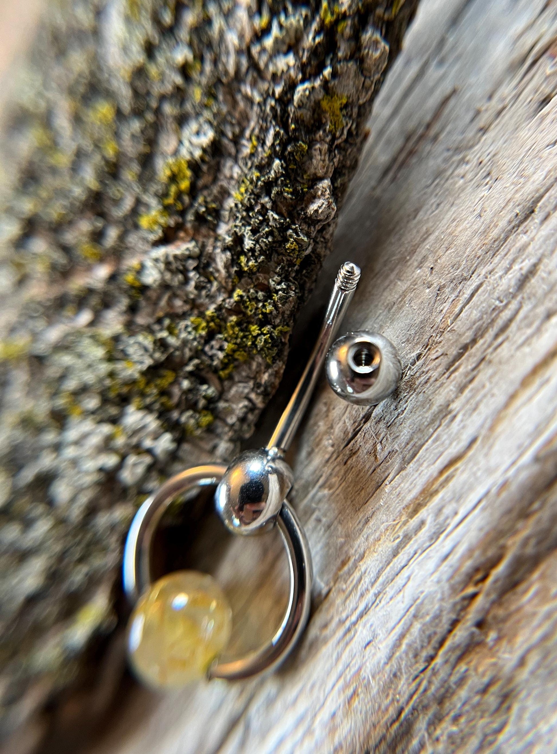 Natural Golden Rutilated Quartz Stone Slave Knocker Floating Belly Navel VCH Christina Curved Barbell 14G (1.6mm) Piercing Surgical Steel