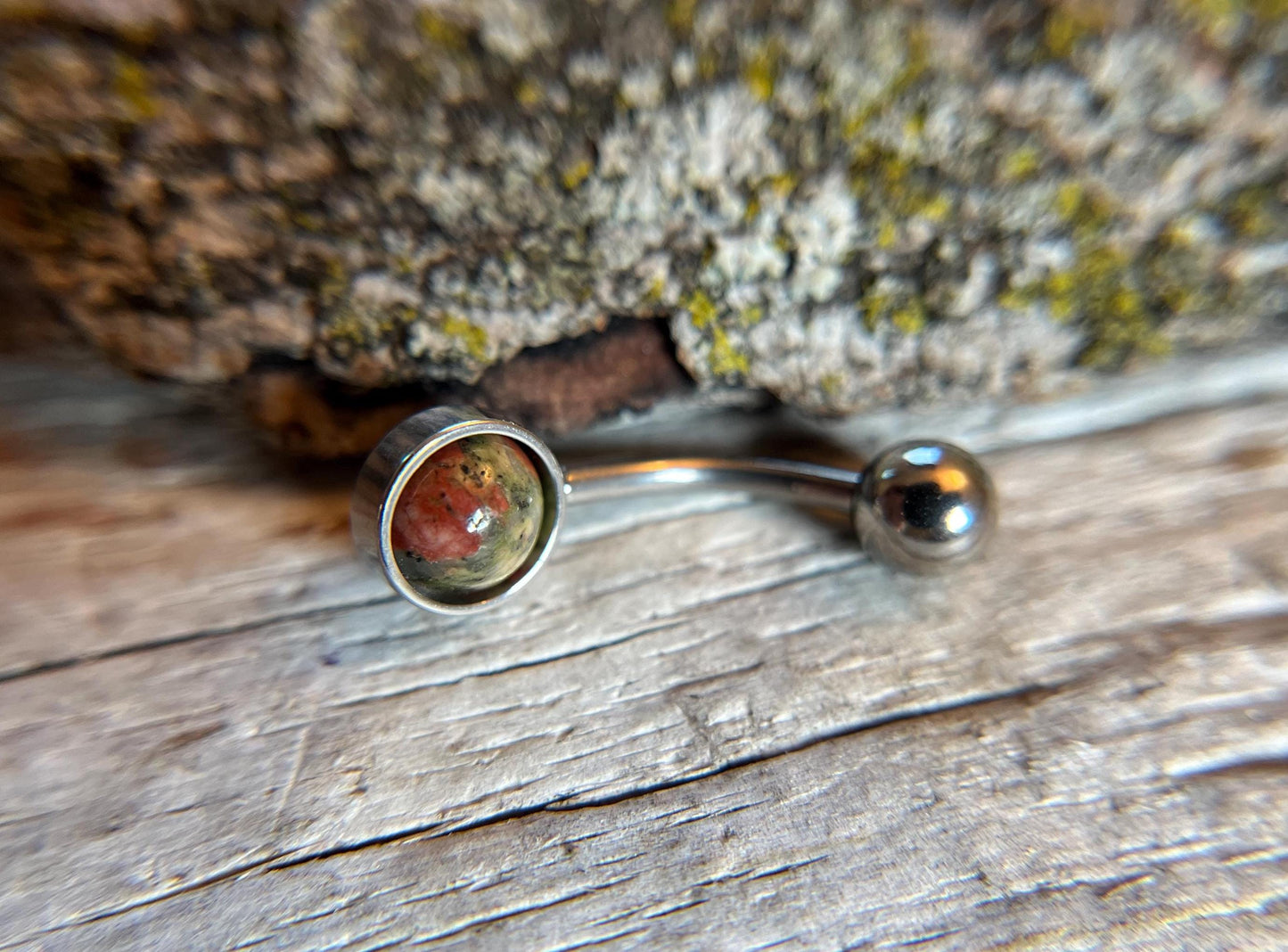 Natural Unakite Stone Belly Ring Floating Navel VCH Piercing Barbell 14G (1.6mm) Custom Length Bar Stone Size Bezel Set 316L Surgical Steel