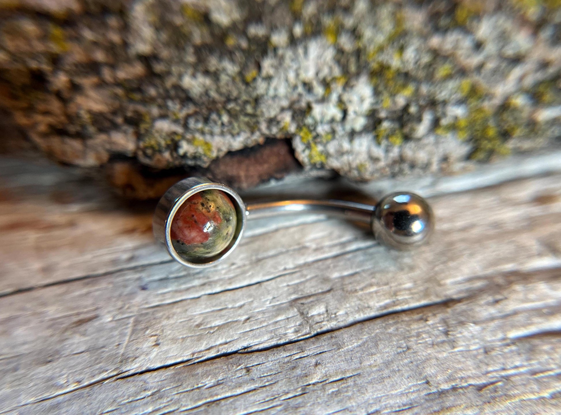 Natural Unakite Stone Belly Ring Floating Navel VCH Piercing Barbell 14G (1.6mm) Custom Length Bar Stone Size Bezel Set 316L Surgical Steel