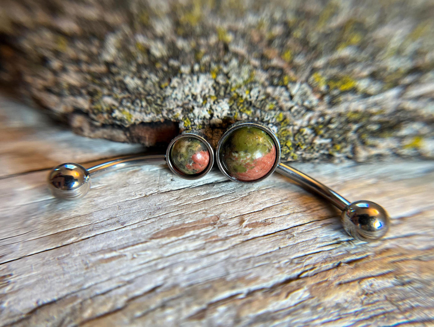 Natural Unakite Stone Belly Ring Floating Navel VCH Piercing Barbell 14G (1.6mm) Custom Length Bar Stone Size Bezel Set 316L Surgical Steel