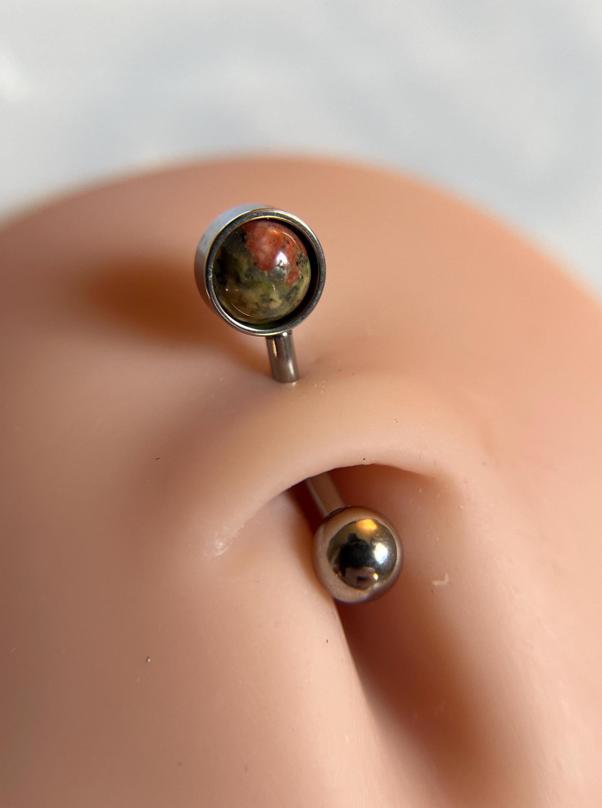 Natural Unakite Stone Belly Ring Floating Navel VCH Piercing Barbell 14G (1.6mm) Custom Length Bar Stone Size Bezel Set 316L Surgical Steel