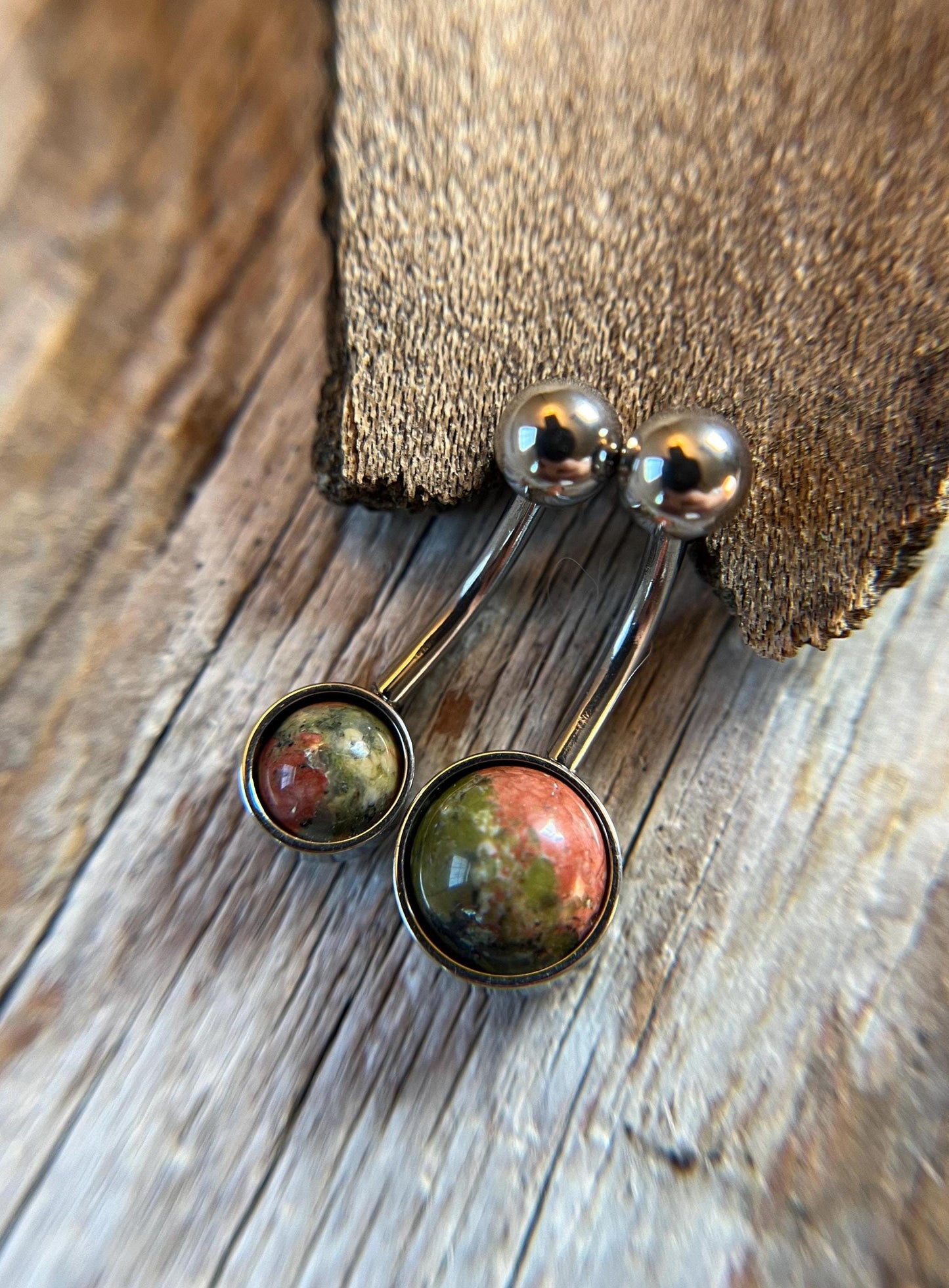 Natural Unakite Stone Belly Ring Floating Navel VCH Piercing Barbell 14G (1.6mm) Custom Length Bar Stone Size Bezel Set 316L Surgical Steel
