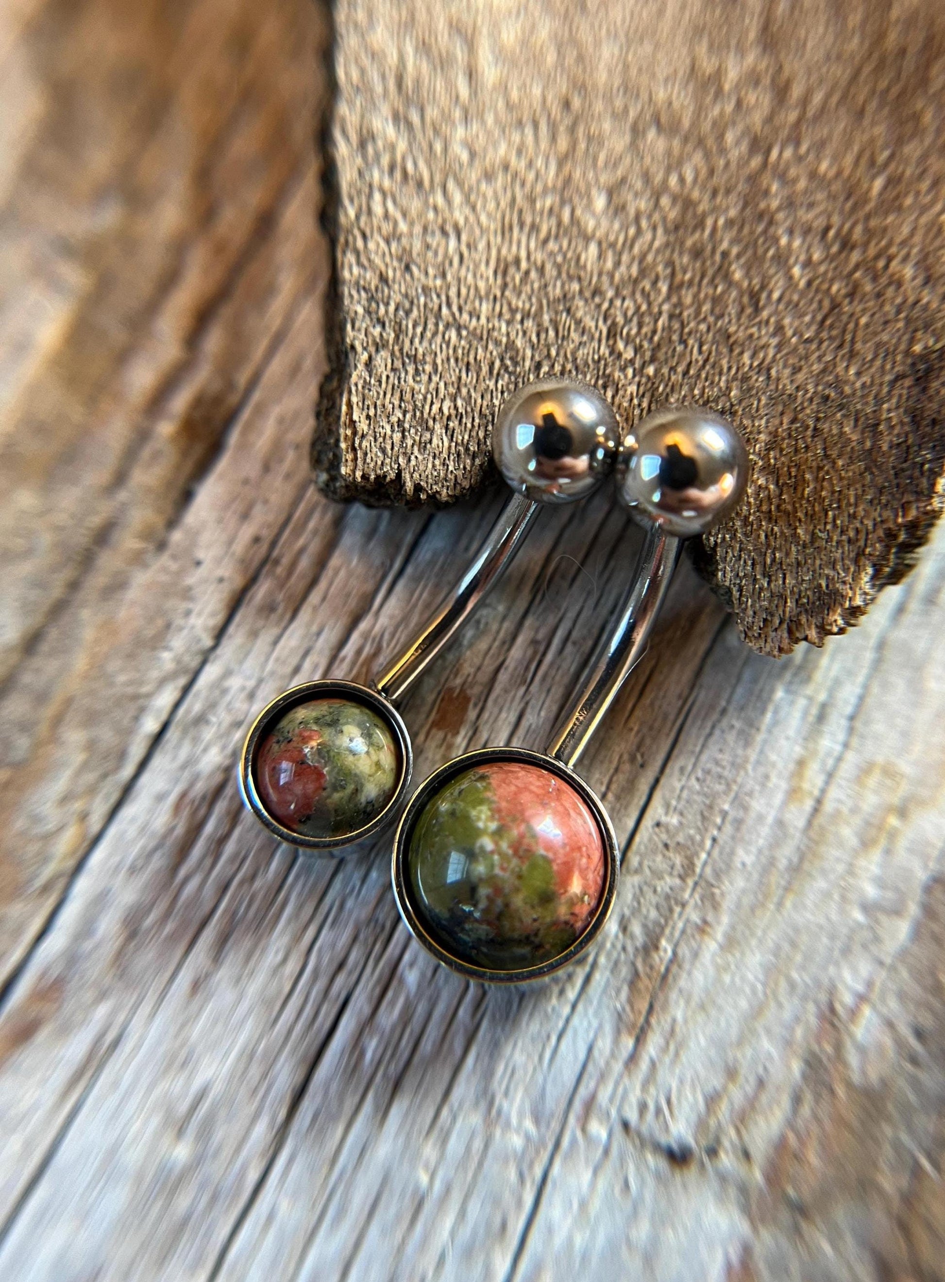 Natural Unakite Stone Belly Ring Floating Navel VCH Piercing Barbell 14G (1.6mm) Custom Length Bar Stone Size Bezel Set 316L Surgical Steel