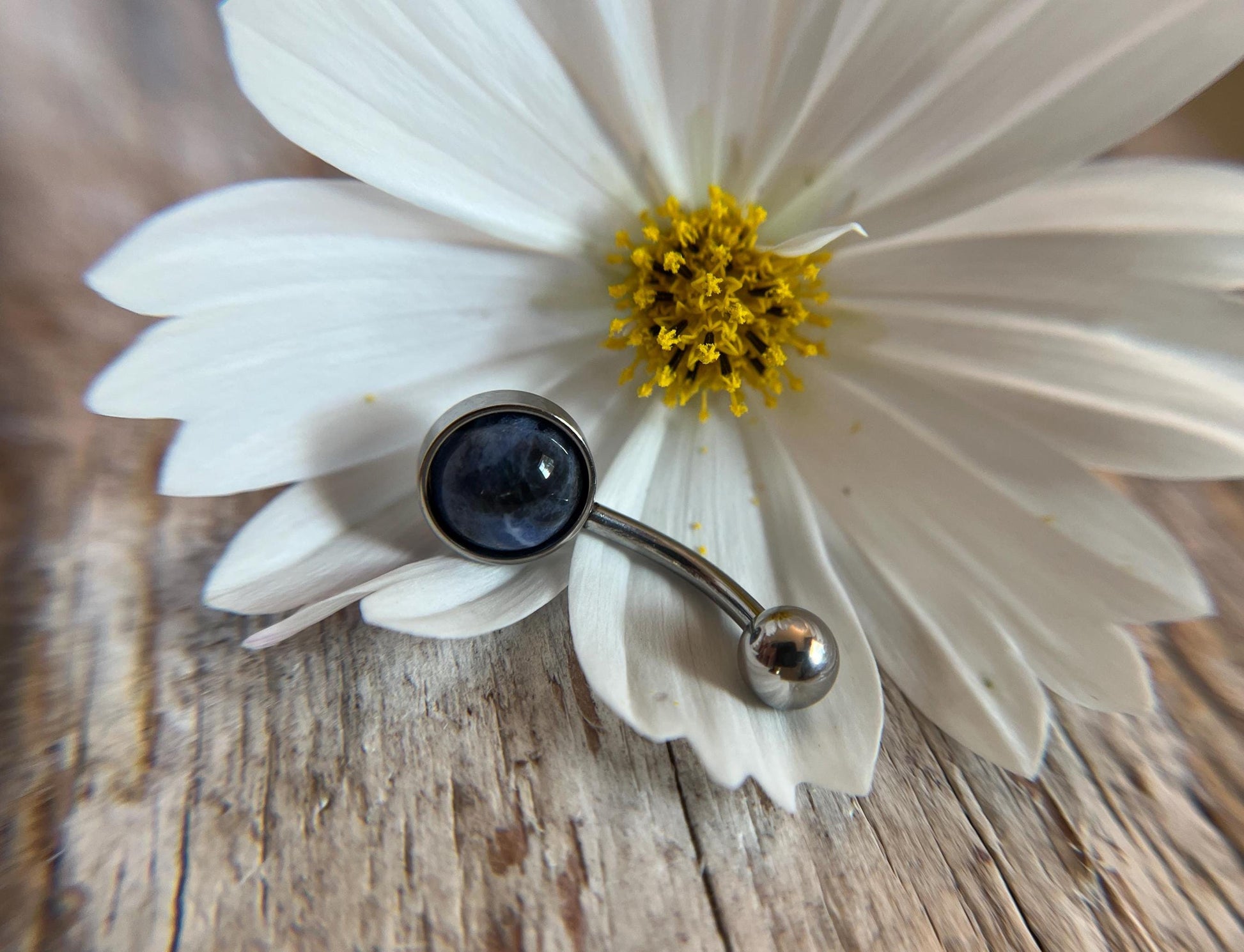 Natural Sodalite Stone Belly Ring Floating Navel VCH Piercing Barbell 14G (1.6mm) Custom Length Bar Size Bezel Set 316L Surgical Steel