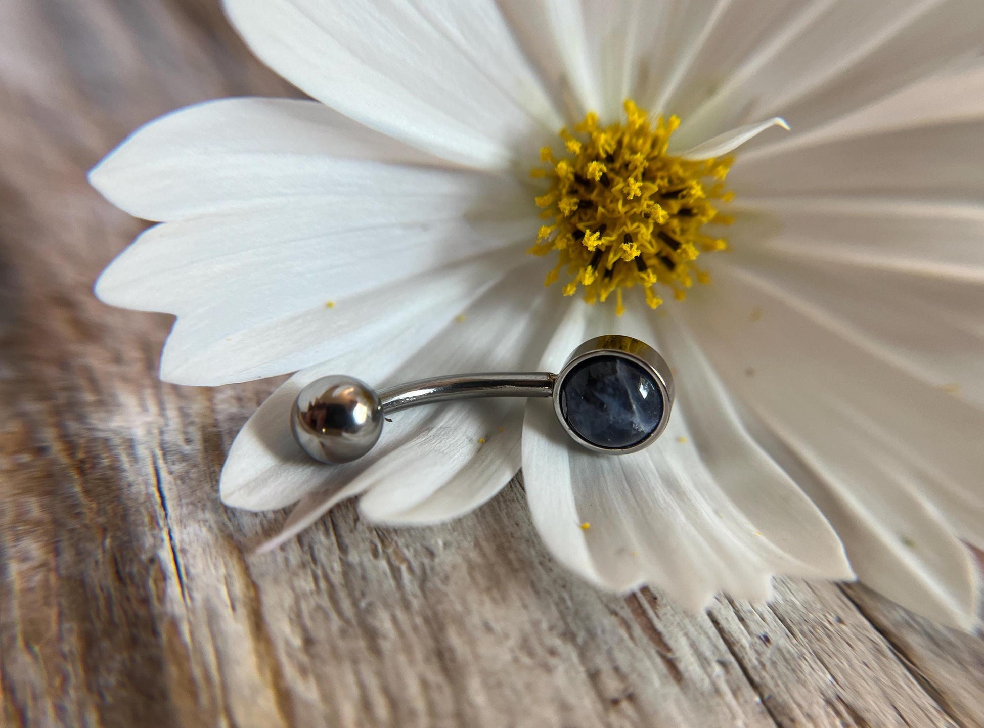 Natural Sodalite Stone Belly Ring Floating Navel VCH Piercing Barbell 14G (1.6mm) Custom Length Bar Size Bezel Set 316L Surgical Steel