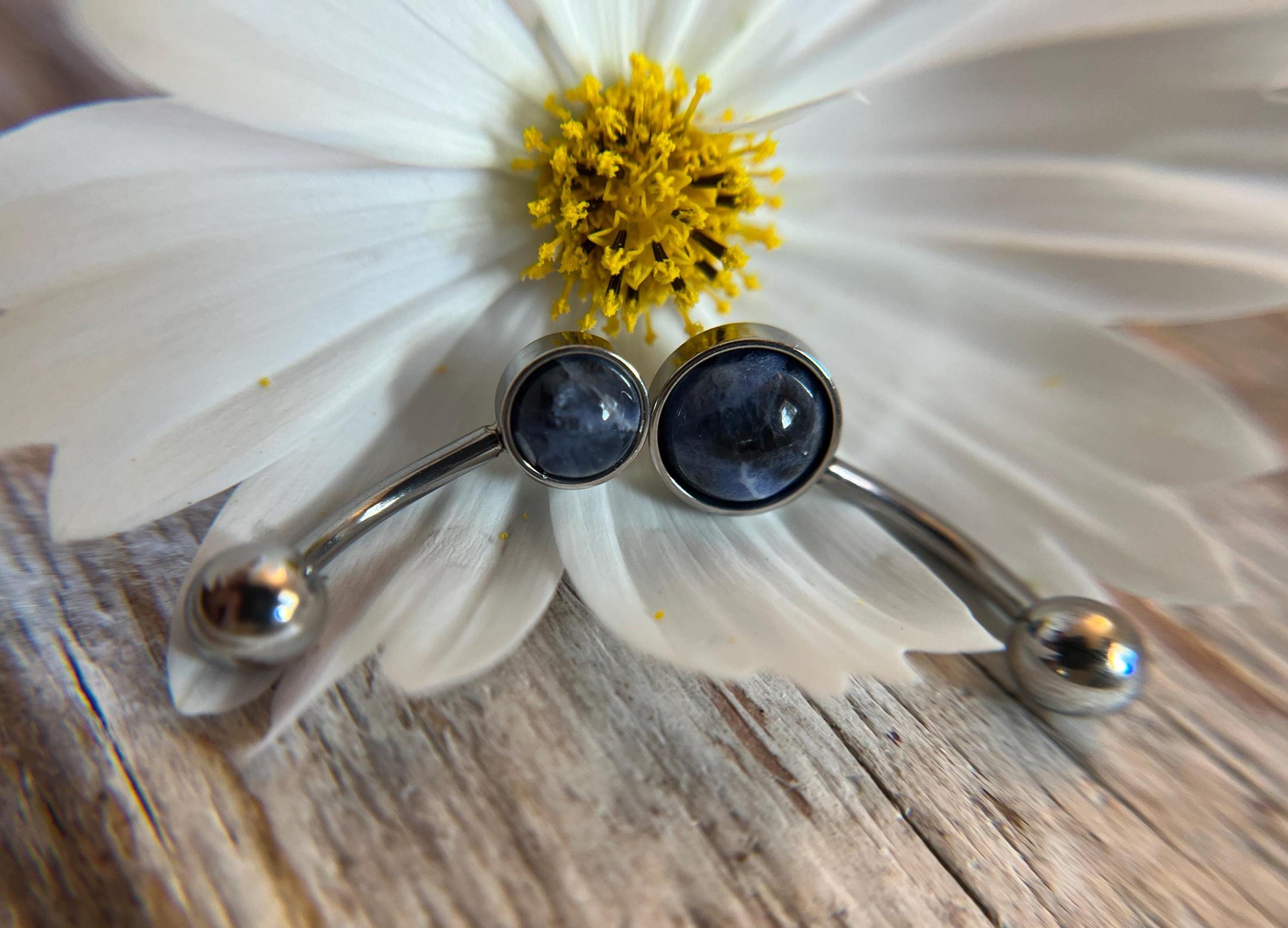 Natural Sodalite Stone Belly Ring Floating Navel VCH Piercing Barbell 14G (1.6mm) Custom Length Bar Size Bezel Set 316L Surgical Steel