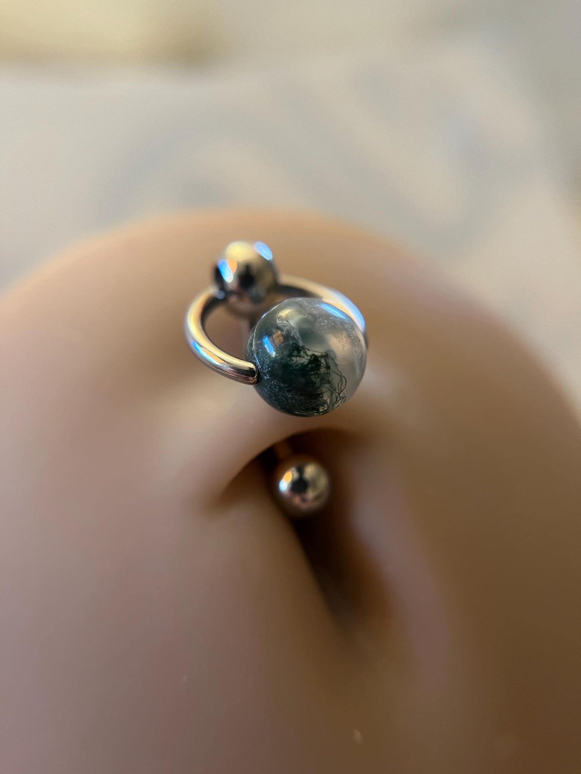 Natural Moss Agate Heavy Stone Slave Knocker Floating Belly Navel VCH Christina Barbell 14G (1.6mm) Piercing Surgical Steel Ring Large Size