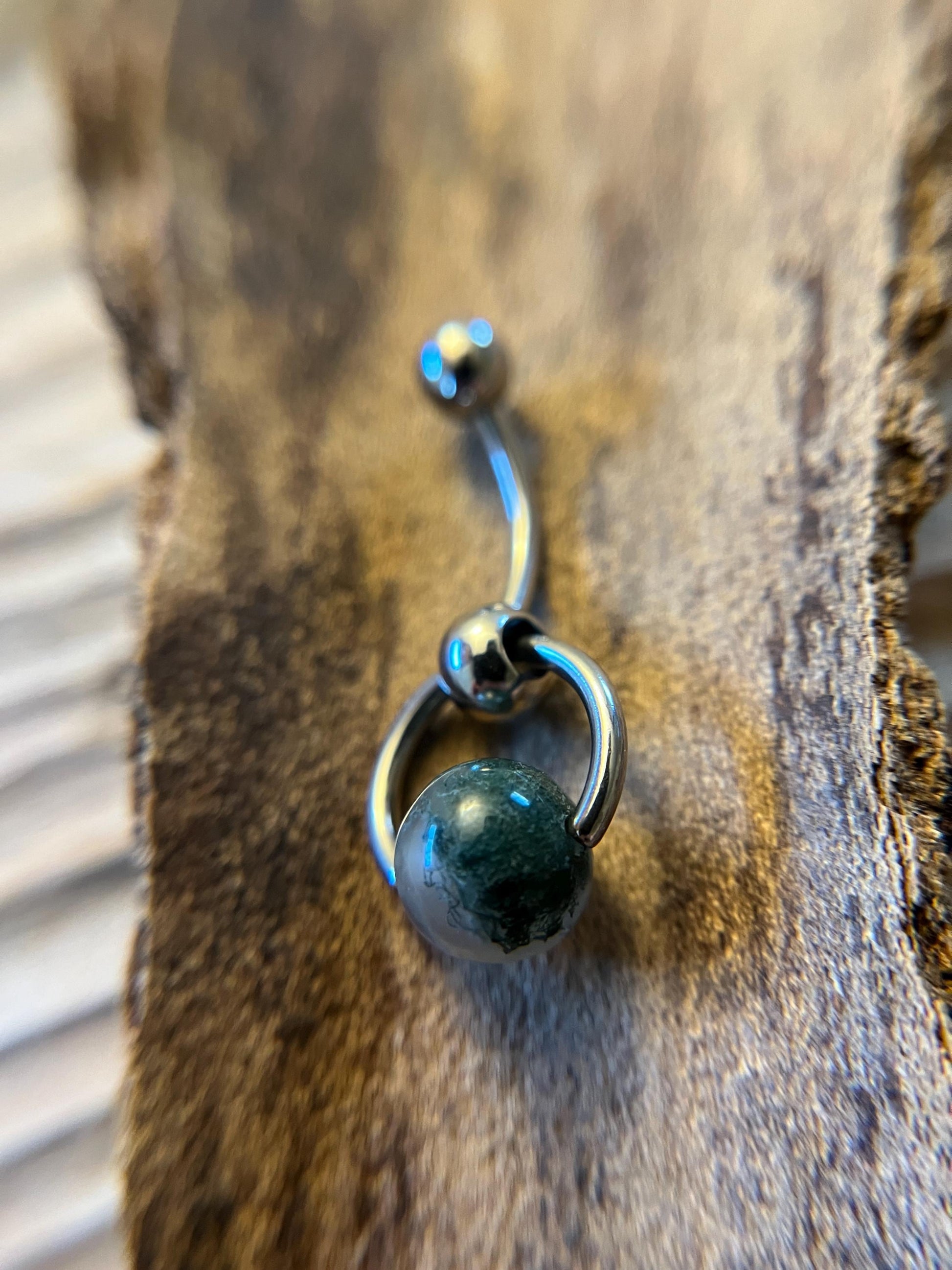 Natural Moss Agate Heavy Stone Slave Knocker Floating Belly Navel VCH Christina Barbell 14G (1.6mm) Piercing Surgical Steel Ring Large Size