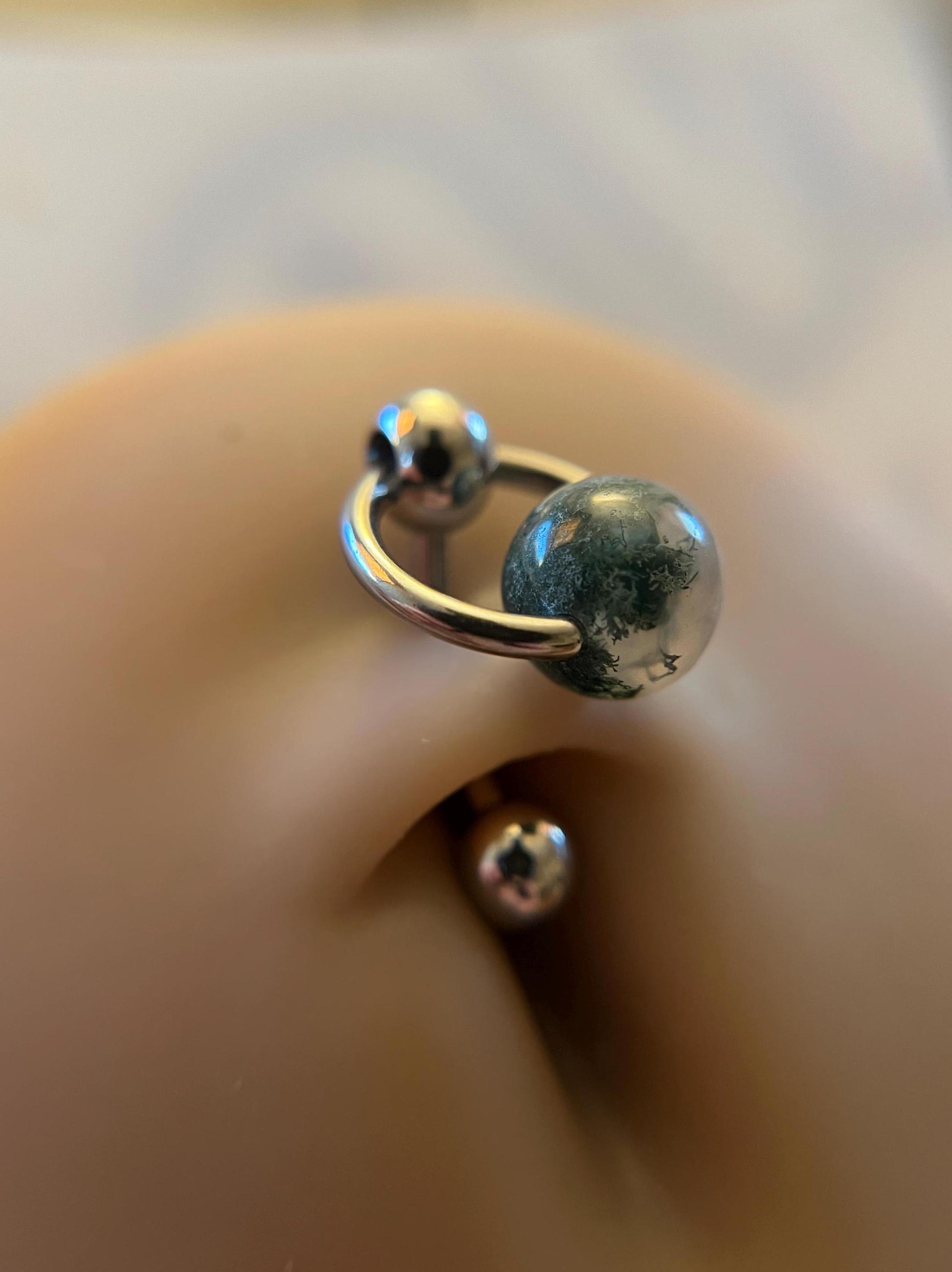 Natural Moss Agate Heavy Stone Slave Knocker Floating Belly Navel VCH Christina Barbell 14G (1.6mm) Piercing Surgical Steel Ring Large Size